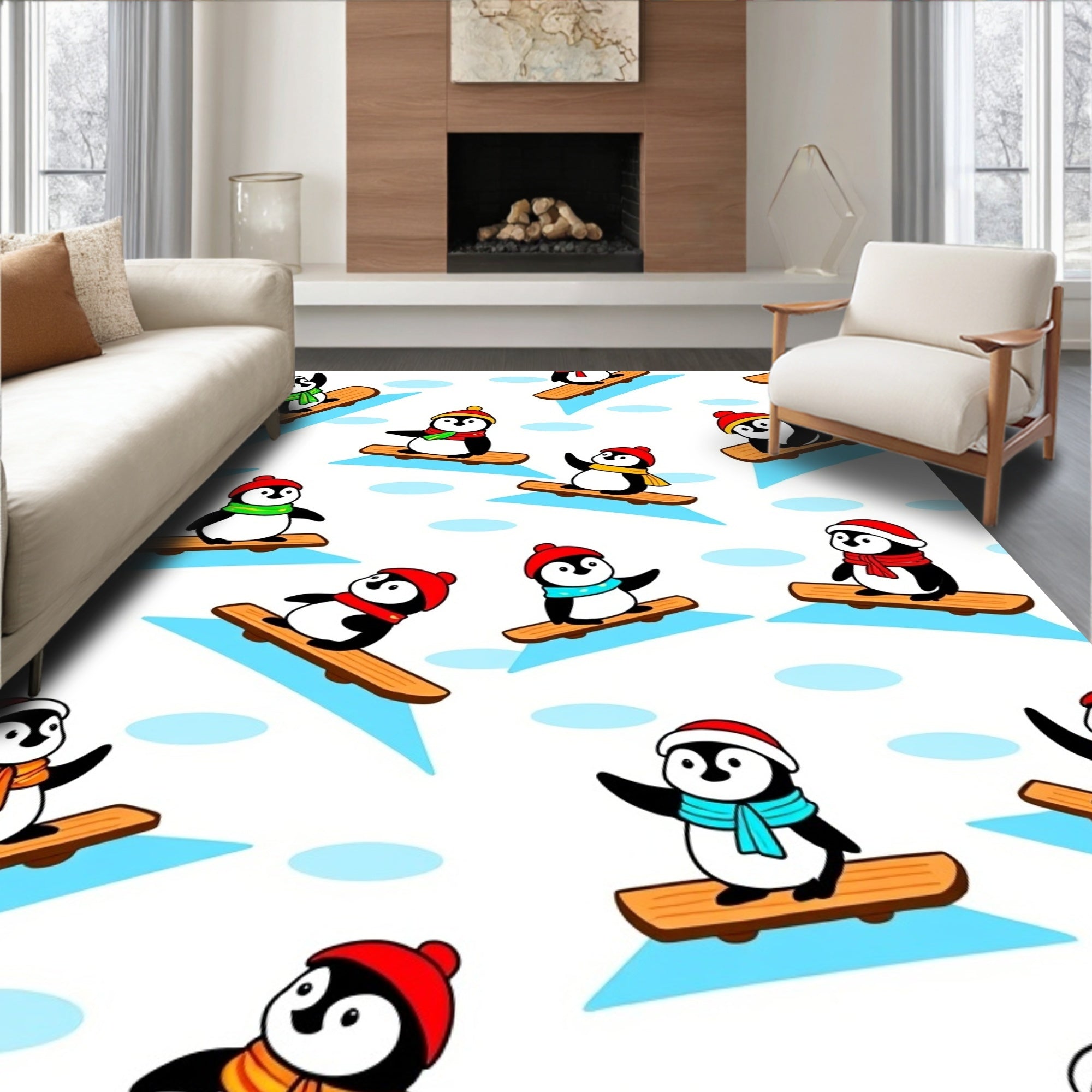 Cute Winter Penguin Snowboarding Collage Rug