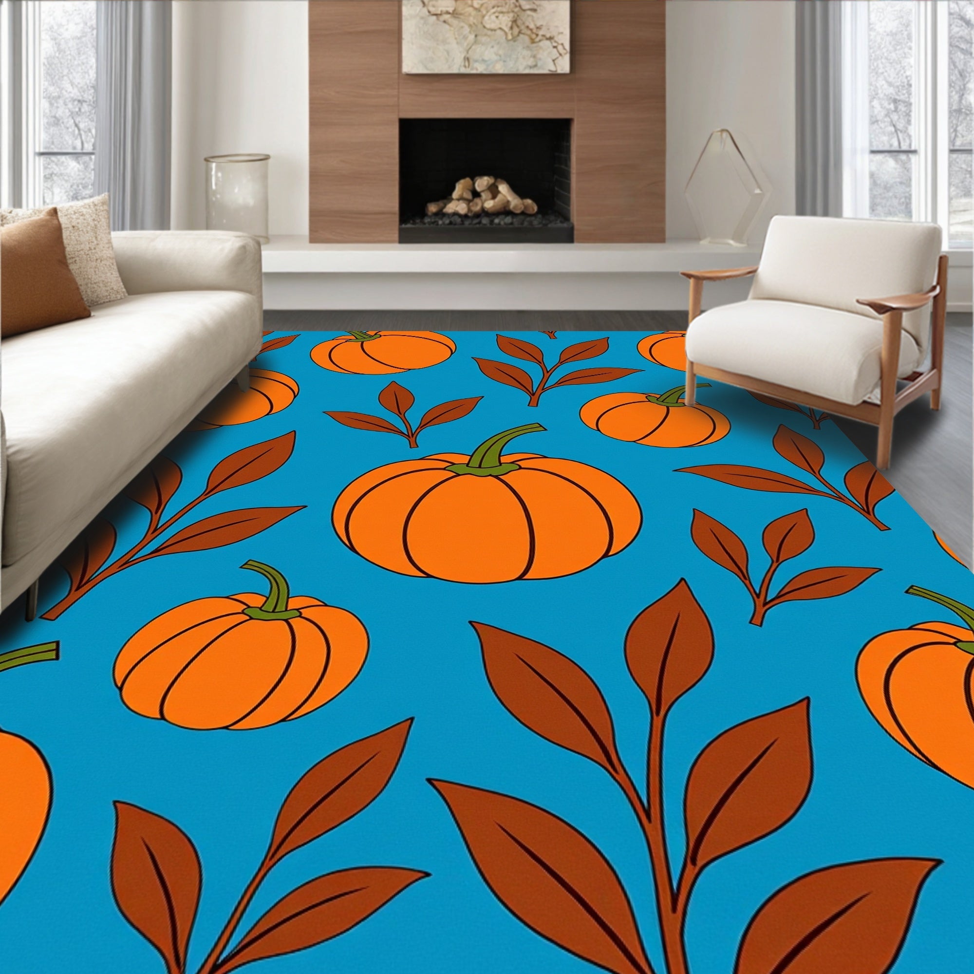 Autumn Orange Pumpkin Leafy Branch Rug