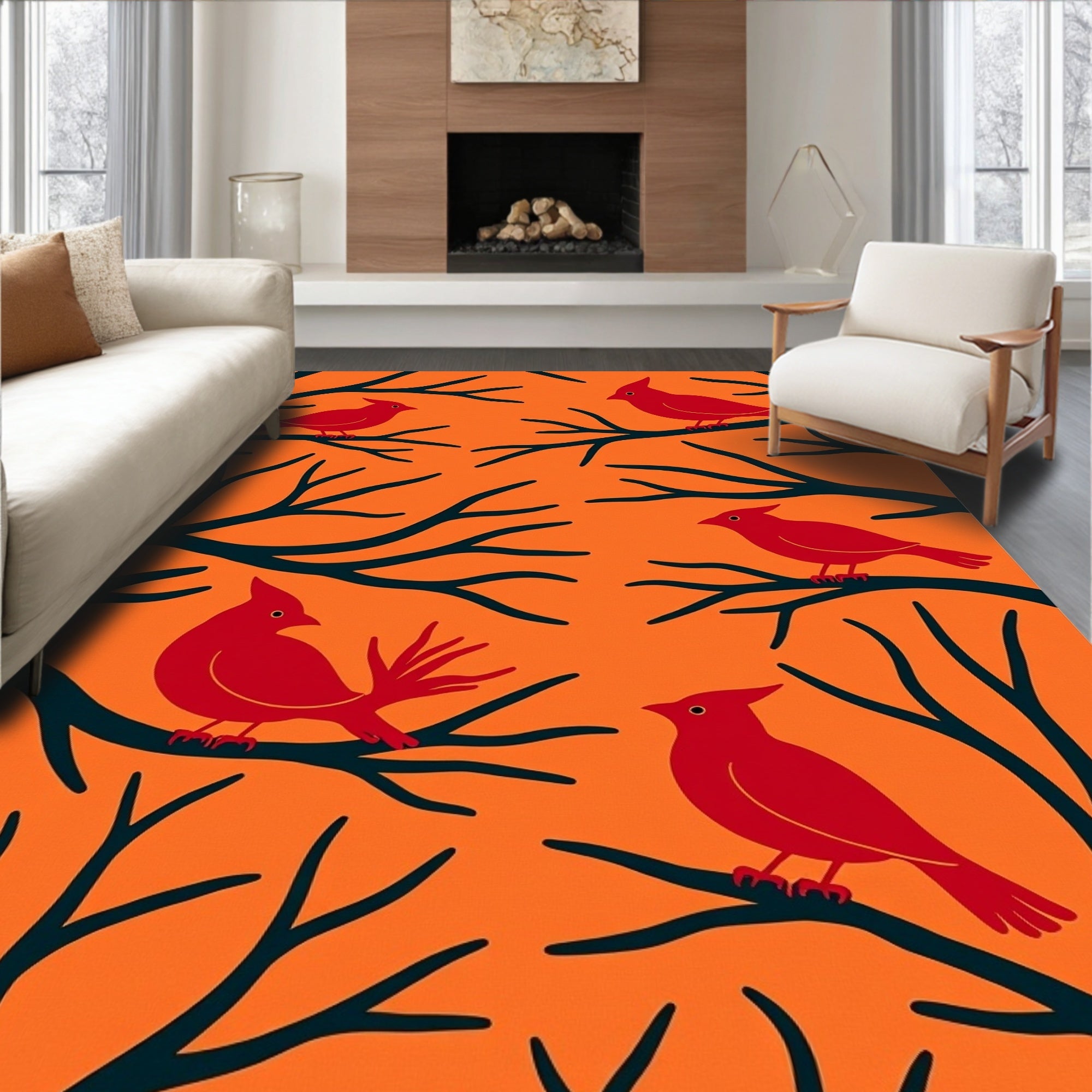 Red Cardinals On Dark Stylized Branches Rug