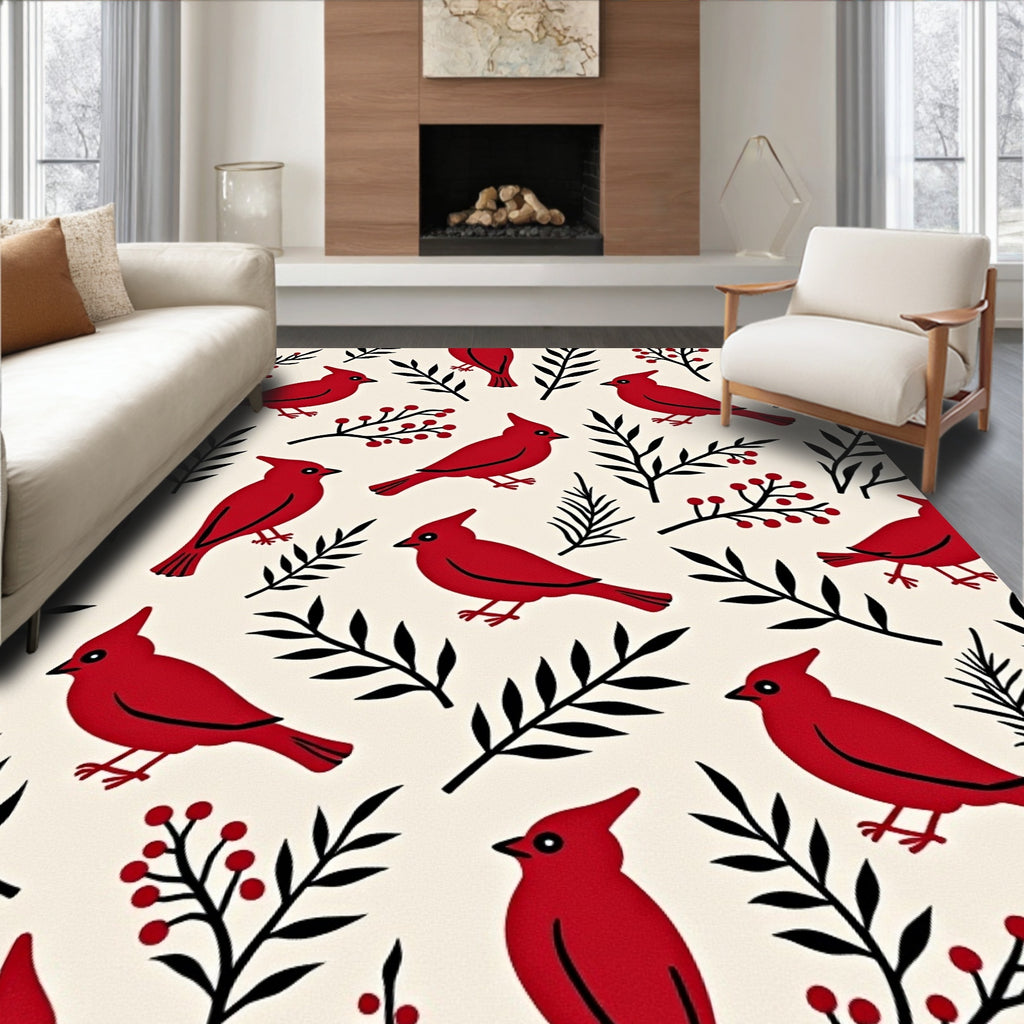 Vibrant Red Cardinal Branch Motif Rug
