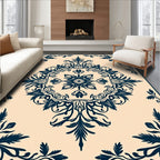 Deep Navy Floral Medallion Cream Rug