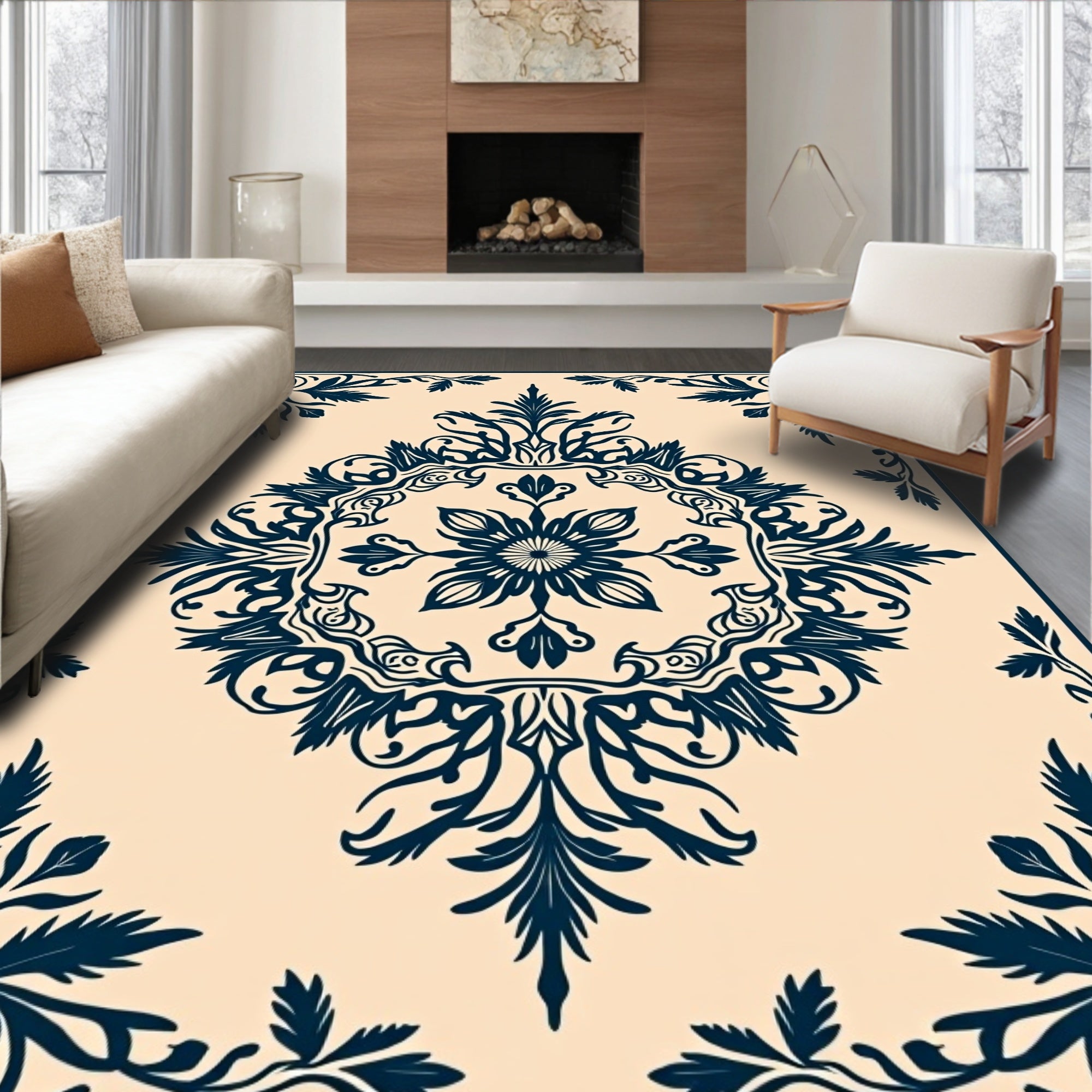 Deep Navy Floral Medallion Cream Rug