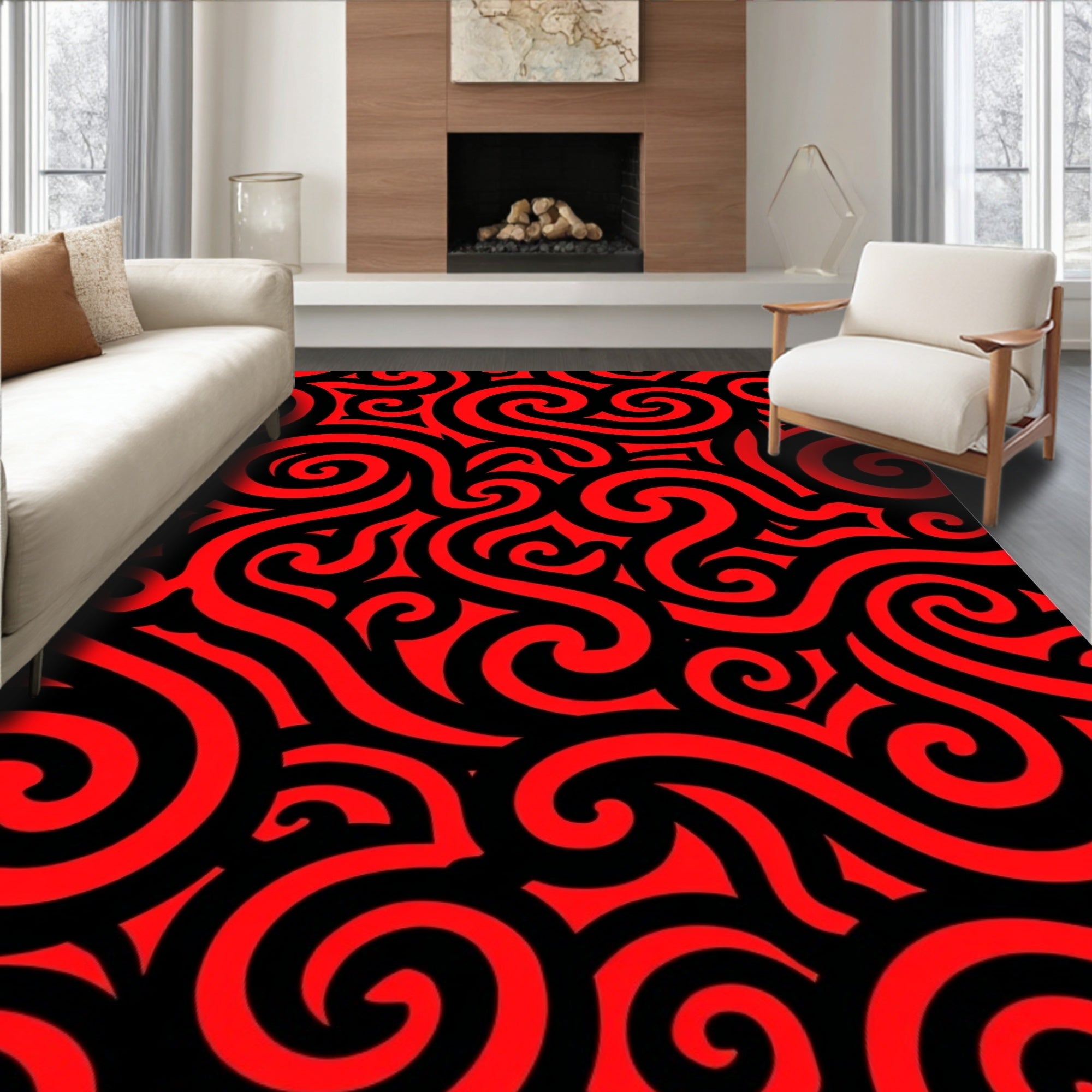 Bold Red Swirls Abstract Rug