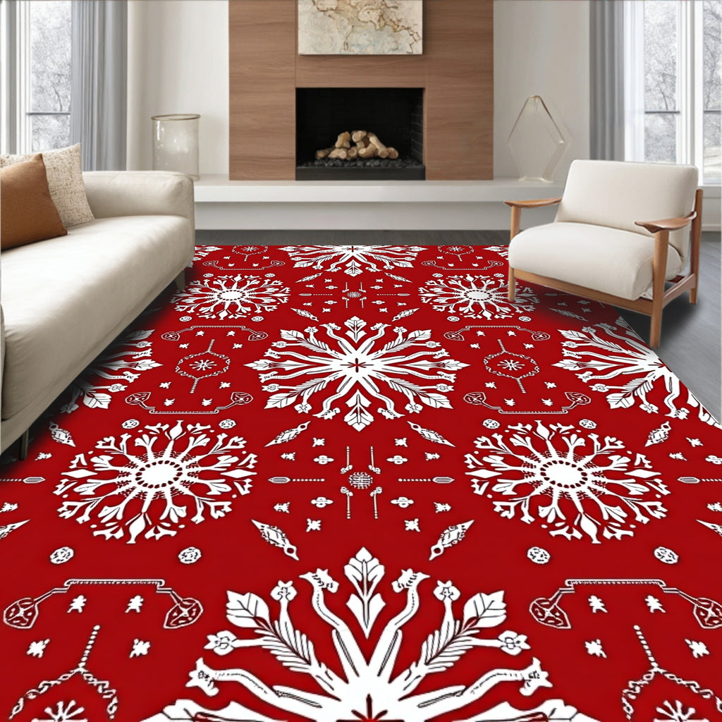 Crimson Snowflake Mandala Folk Art Rug