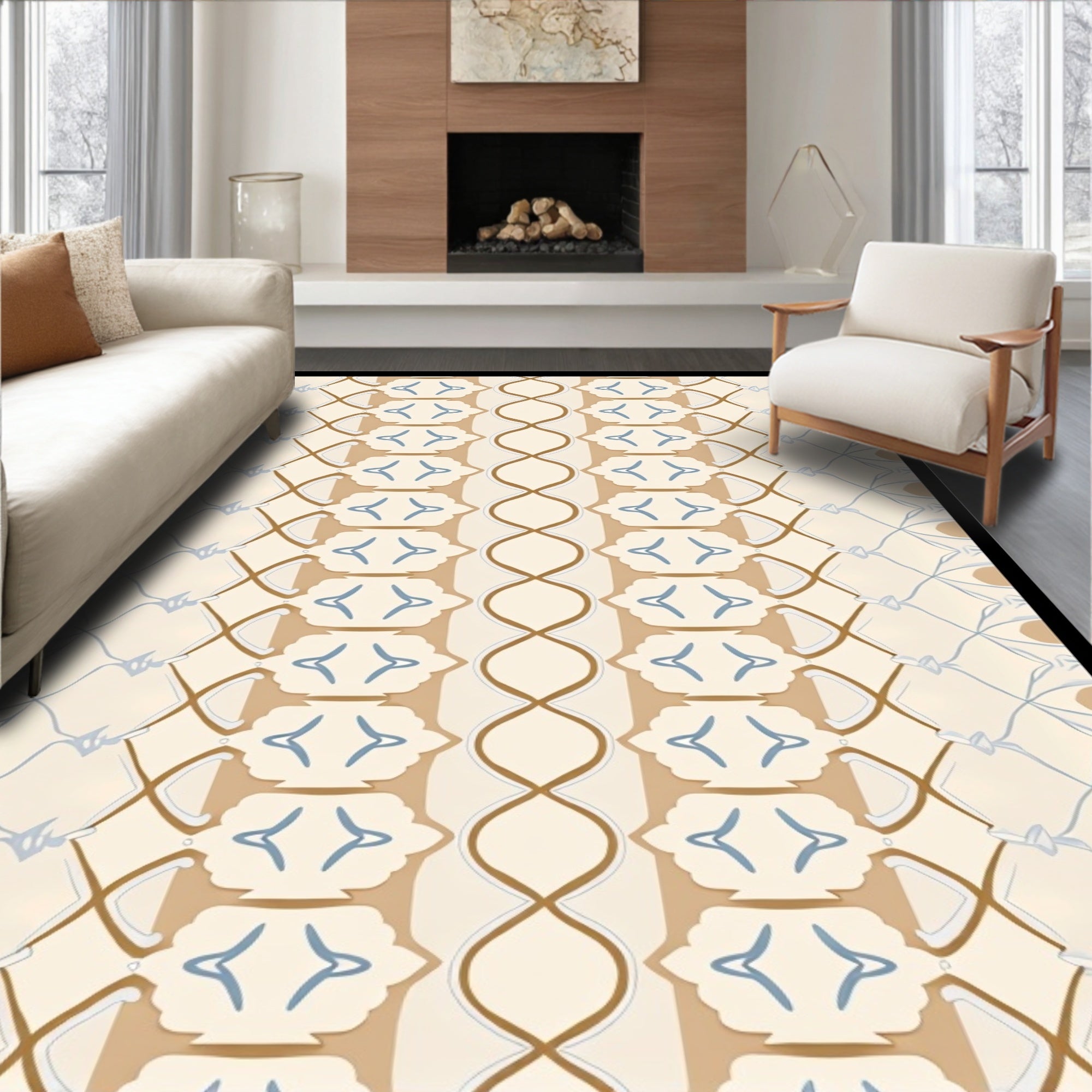 Neutral Beige And Blue Vertical Stripe Rug