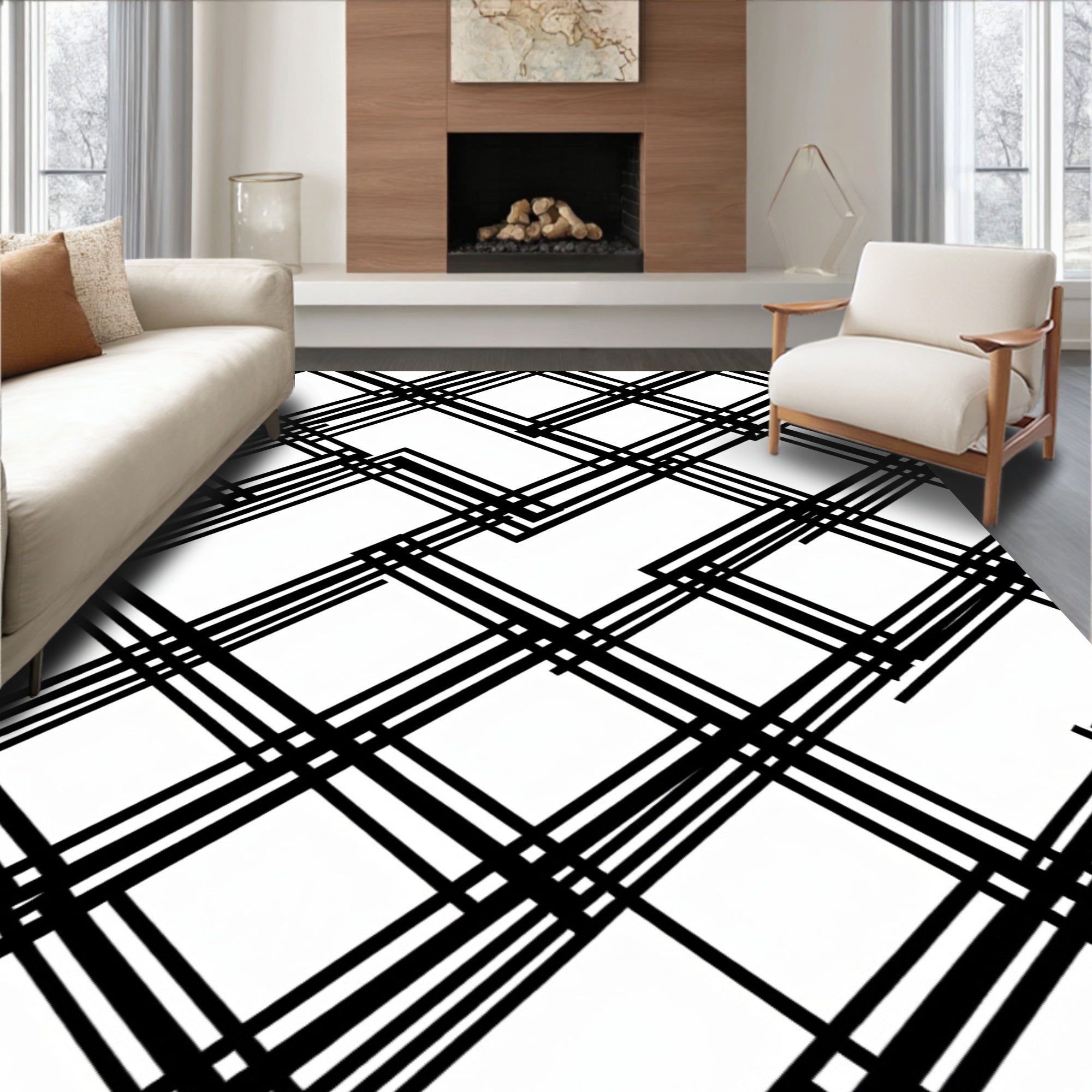 Bold Black White Intersecting Lines Rug