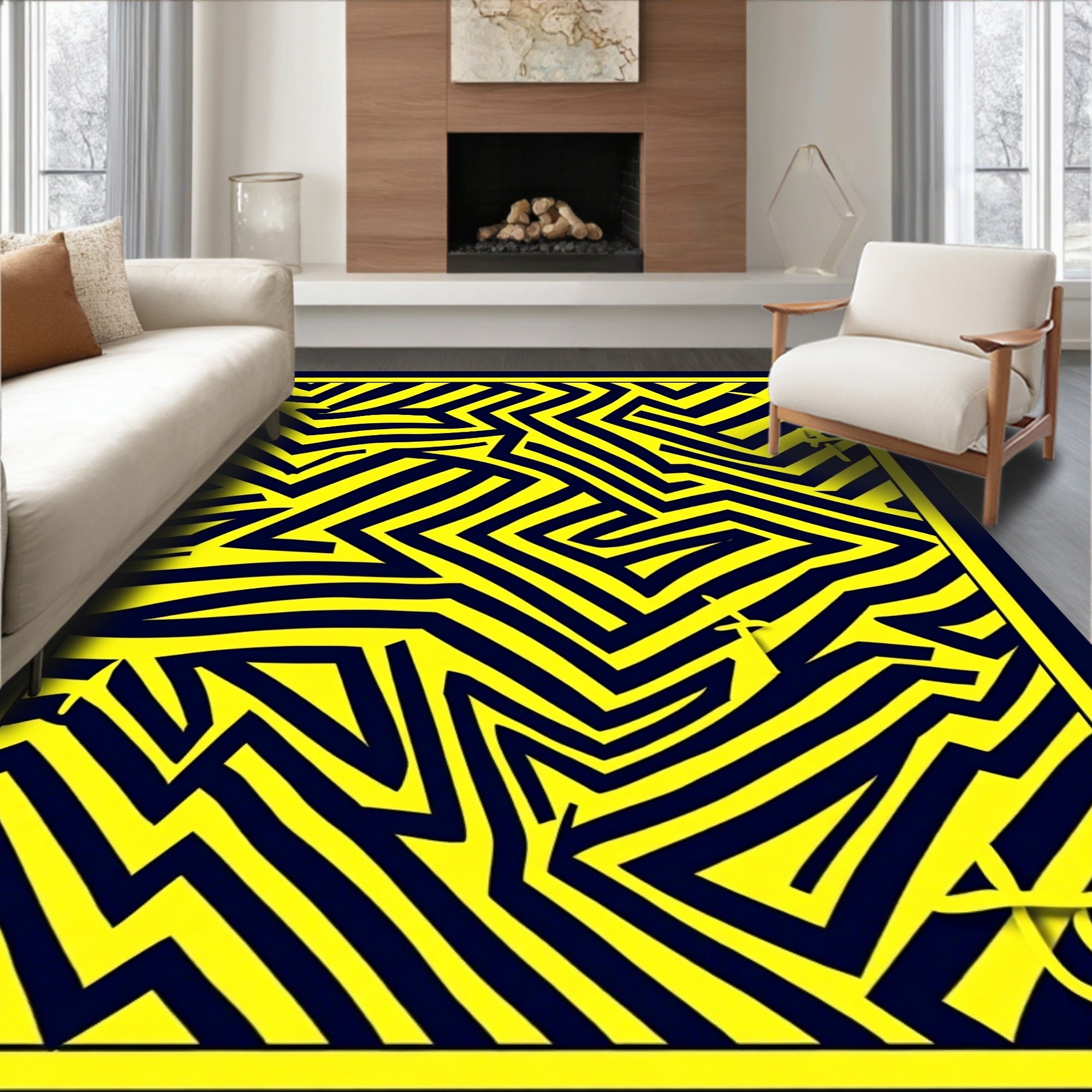 Bold Yellow Navy Zigzag Abstract Rug