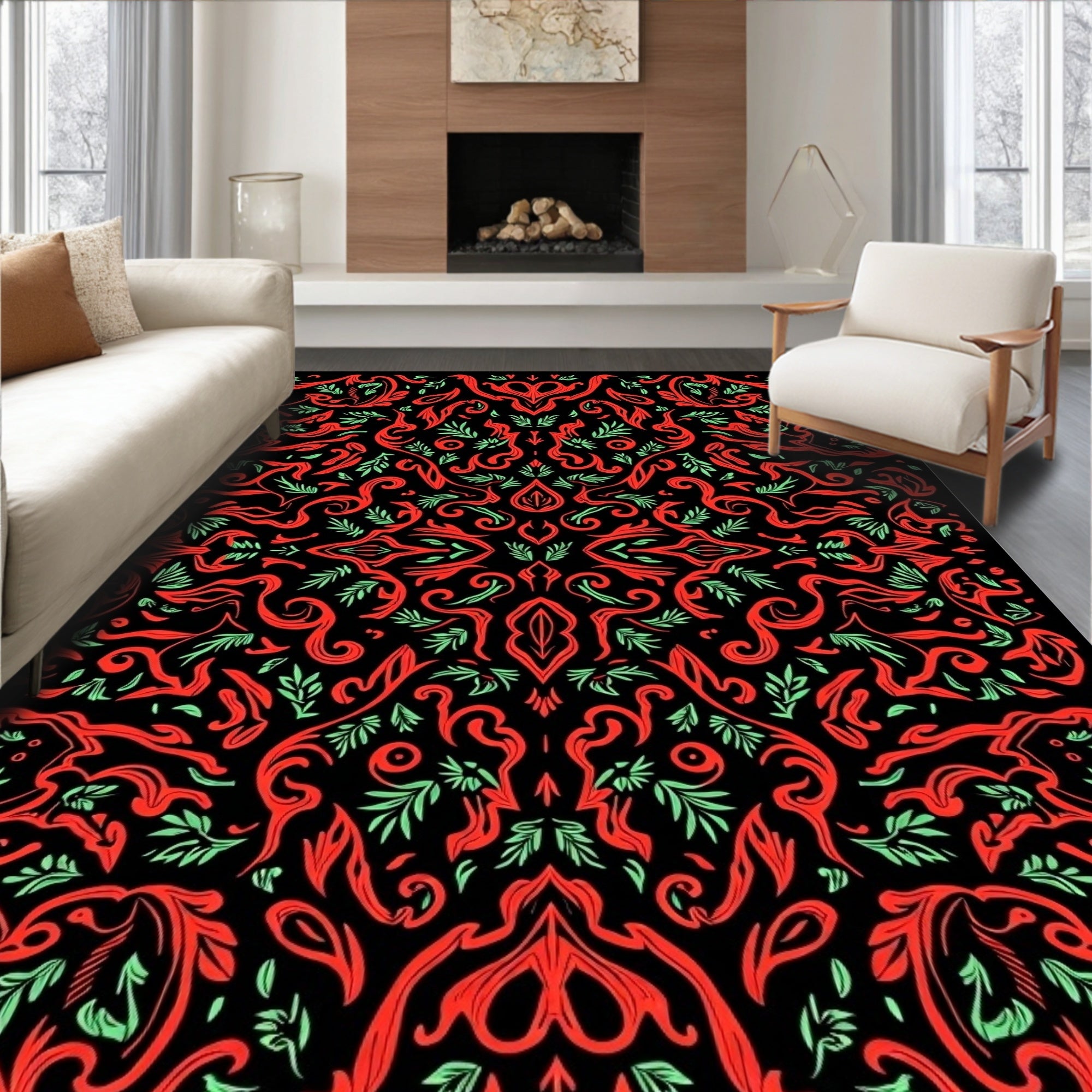 Red Black Blooming Floral Arabesque Rug
