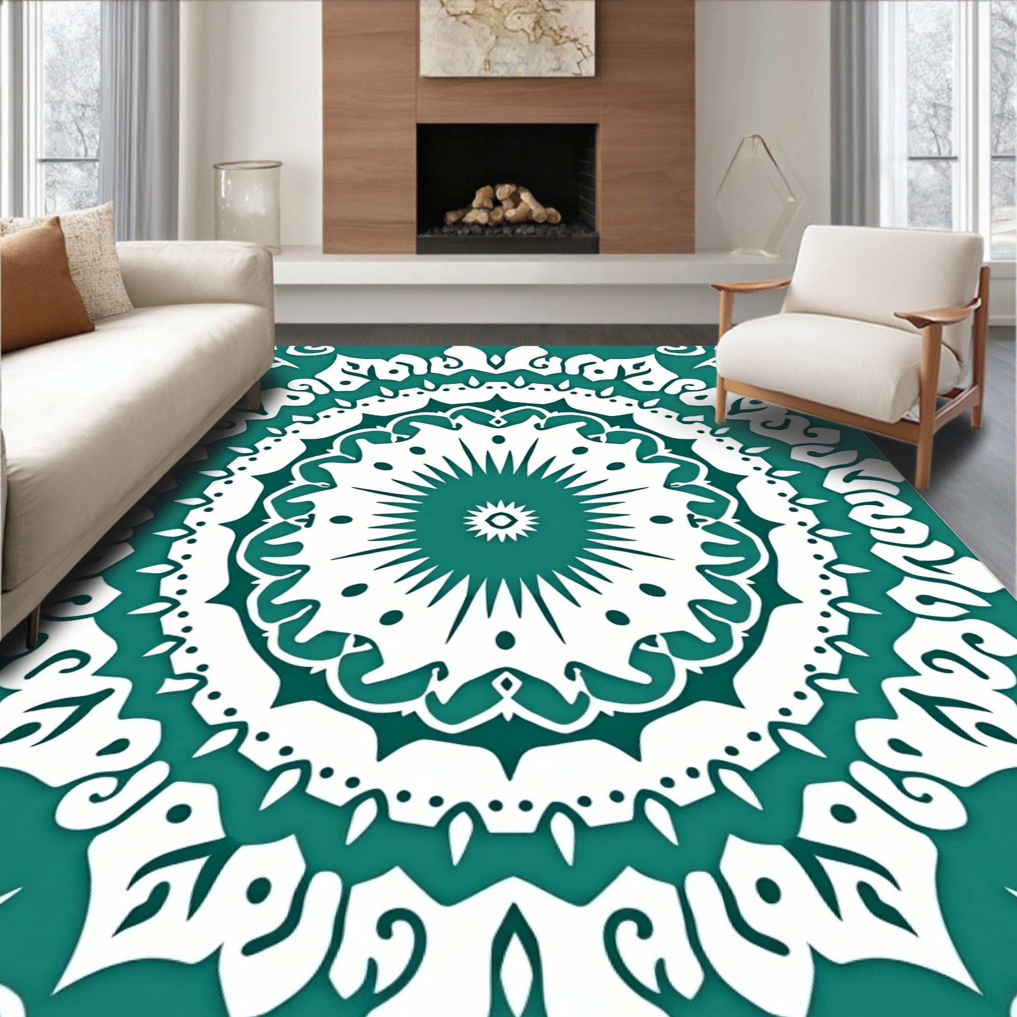 Teal White Elaborate Mandala Rug