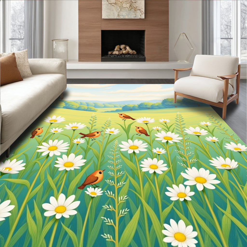 Whimsical Birds Among Daisies Meadow Rug