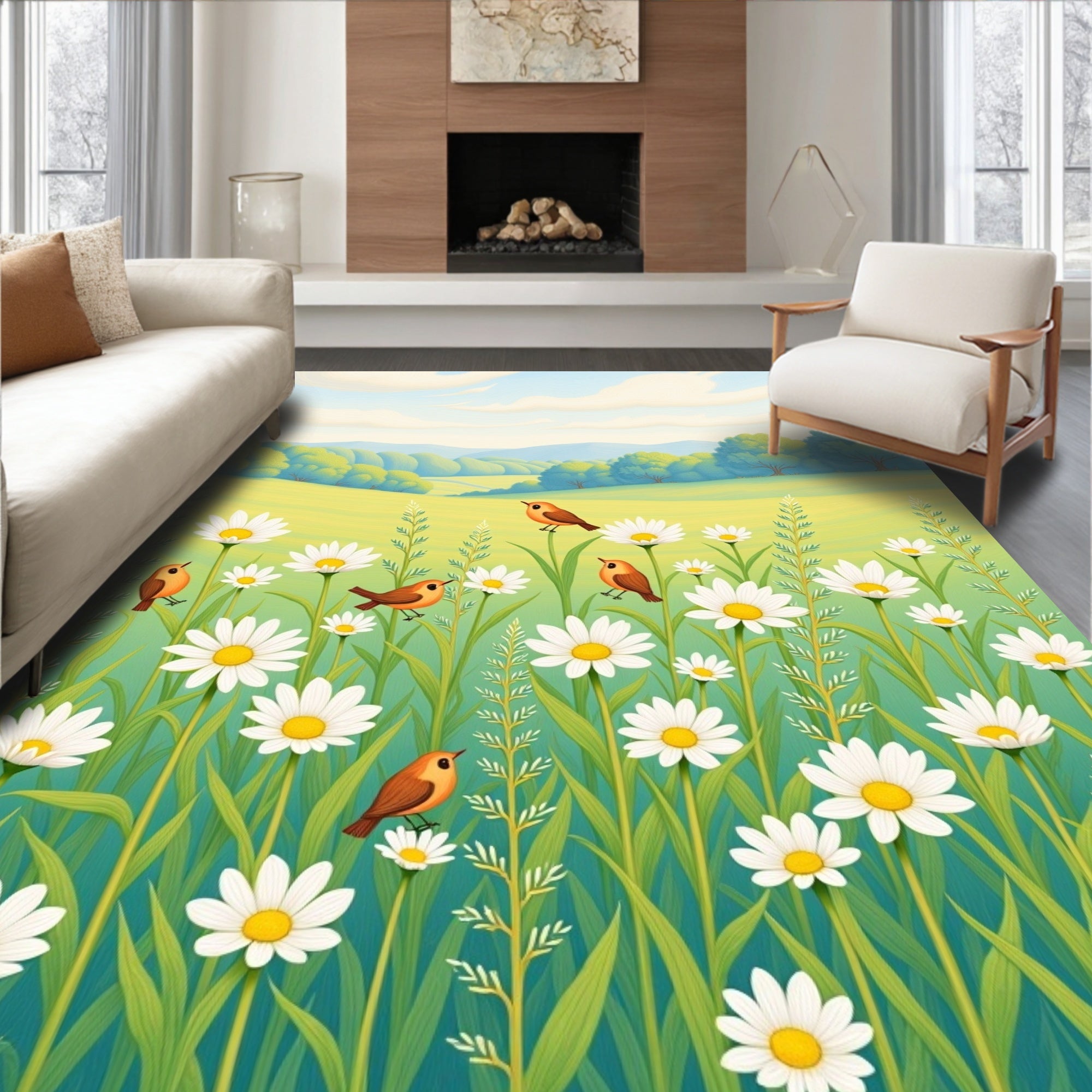 Whimsical Birds Among Daisies Meadow Rug