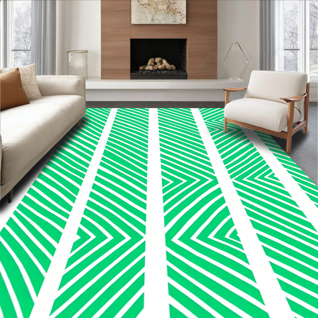Emerald Green White Abstract Stripe Rug
