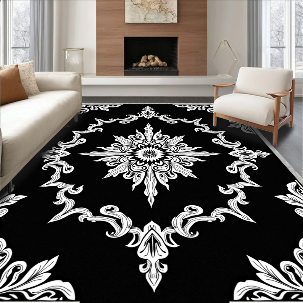 Monochromatic Black White Floral Mandala Rug