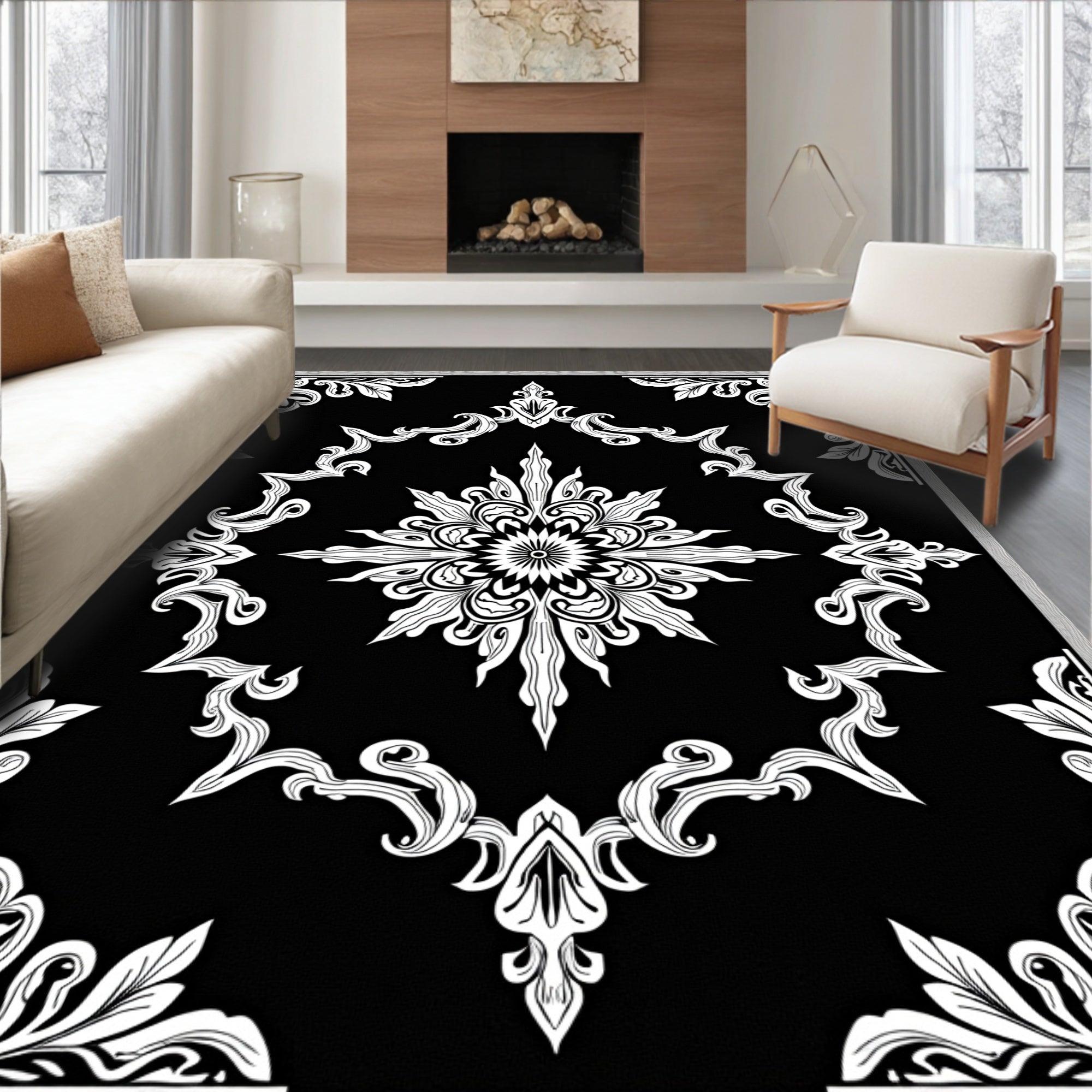 Monochromatic Black White Floral Mandala Rug