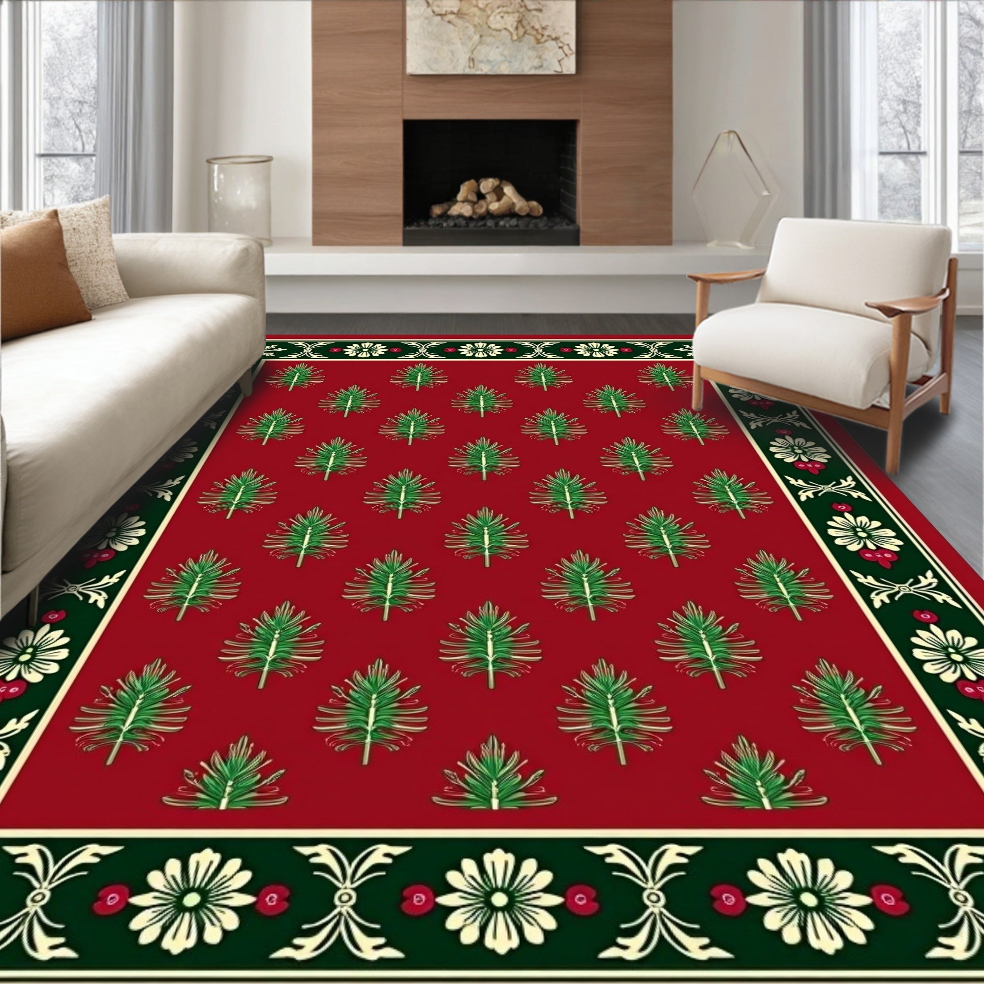Crimson Green Fir Tree Floral Border Rug