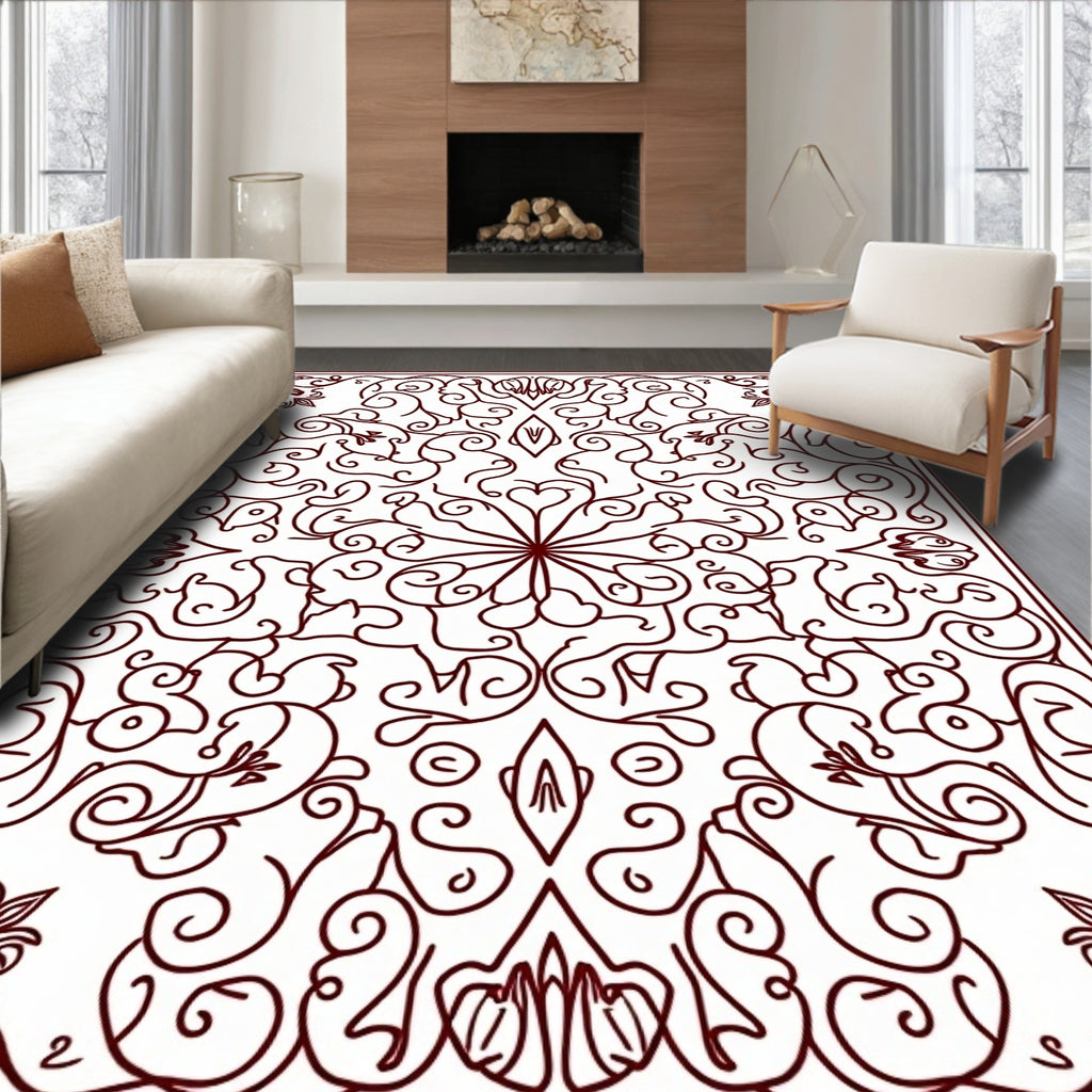 Dark Red Arabesque Floral Swirl Rug