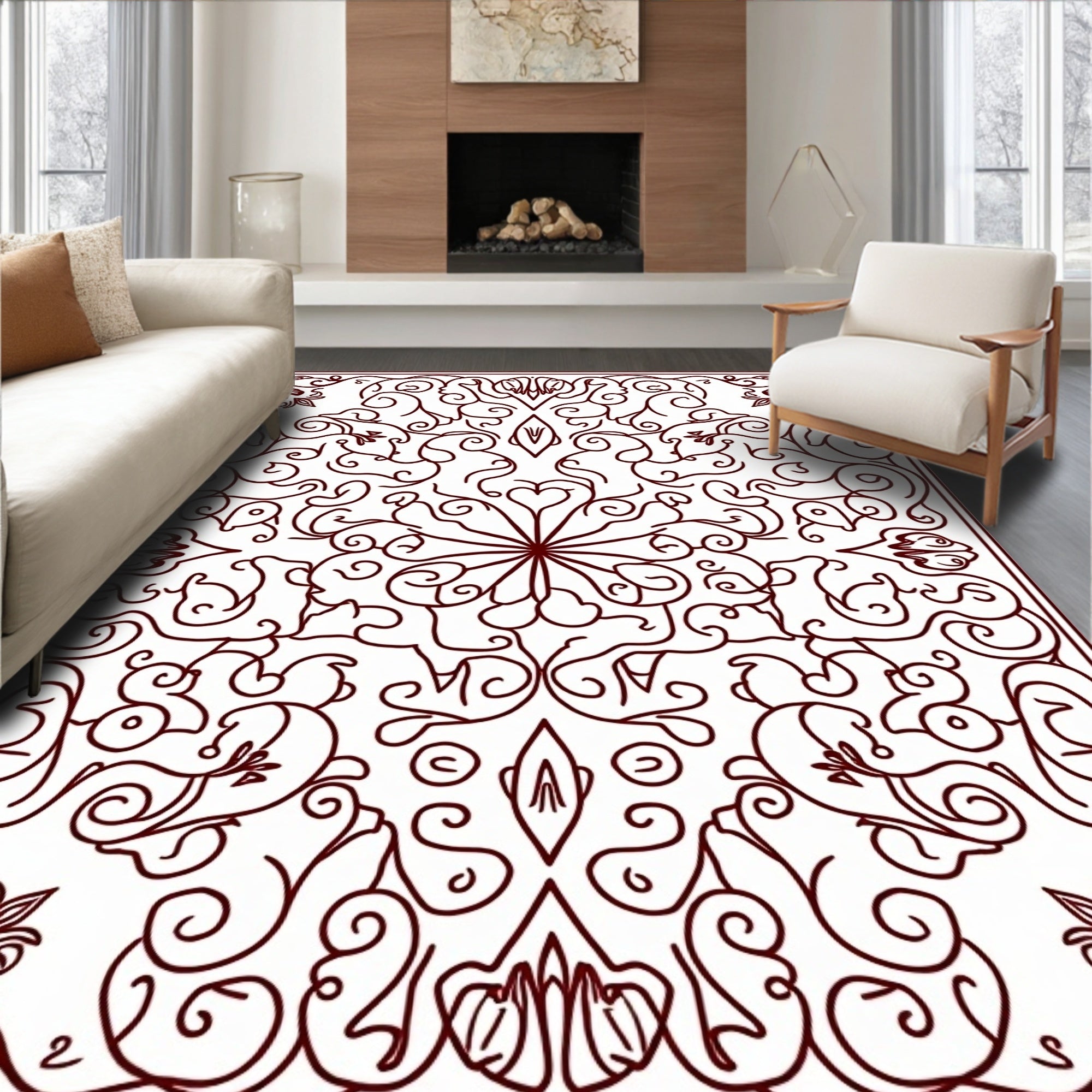 Dark Red Arabesque Floral Swirl Rug