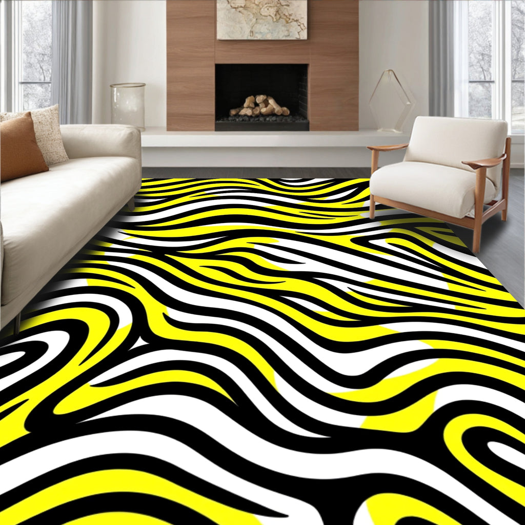 Bold Yellow Black White Stripe Wave Rug