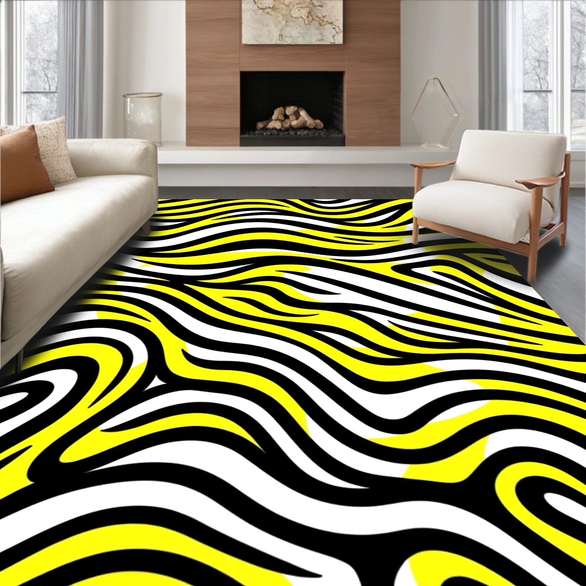 Bold Yellow Black White Stripe Wave Rug