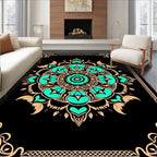 Black Aqua Floral Mandala Border Rug