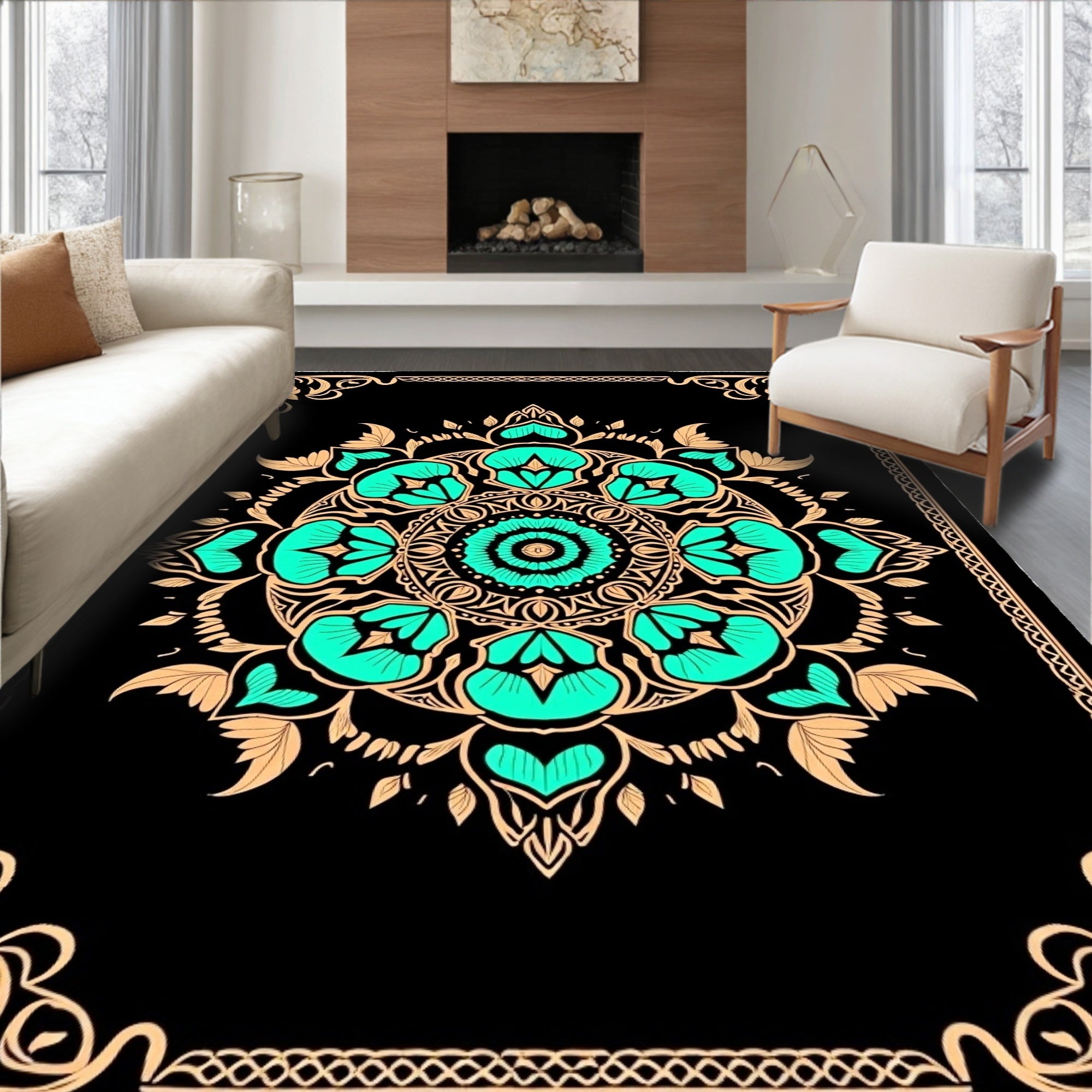 Black Aqua Floral Mandala Border Rug