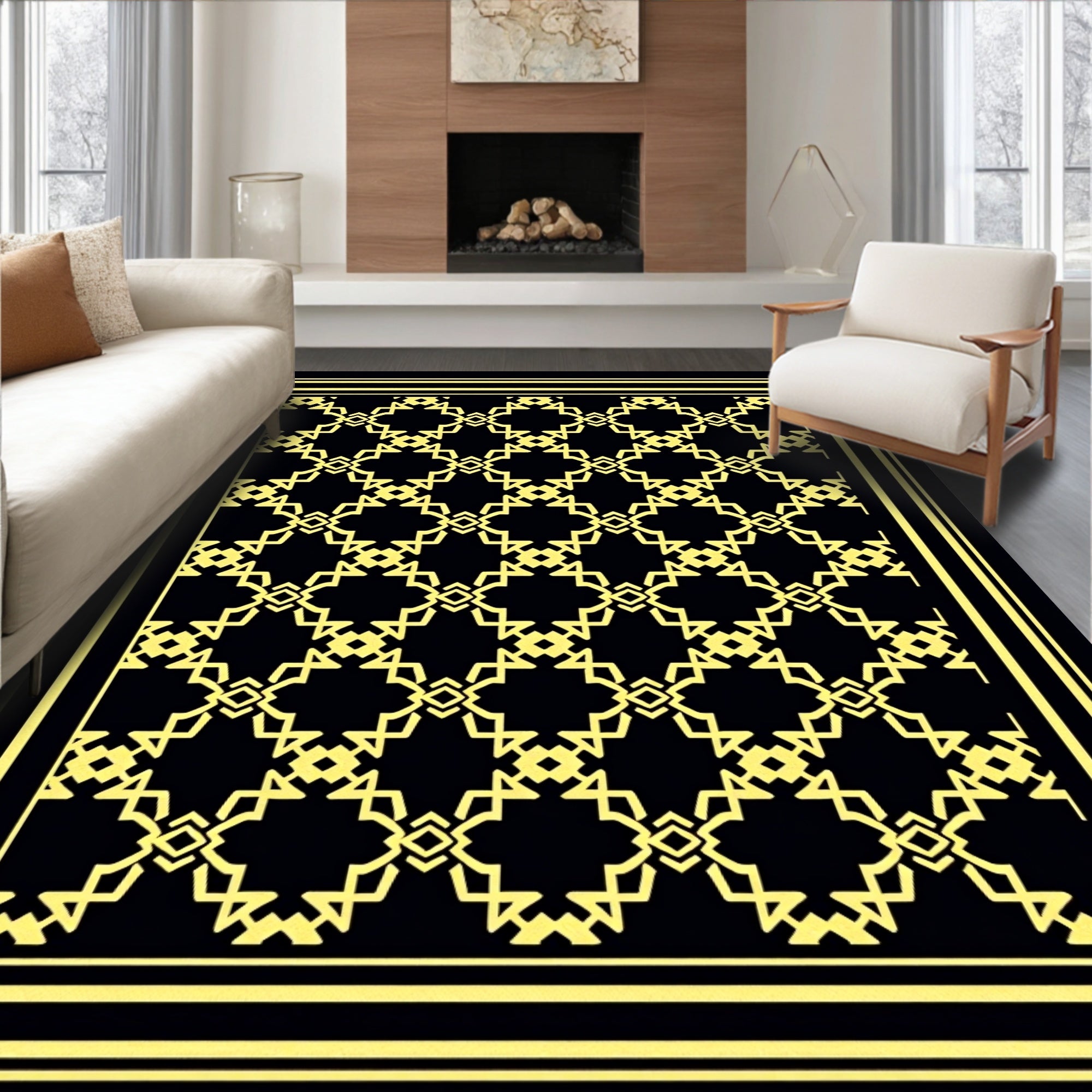 Art Deco Black Golden Geometric Lattice Rug