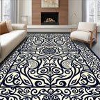 Intricate Dark Blue Floral Scroll Emblem Rug