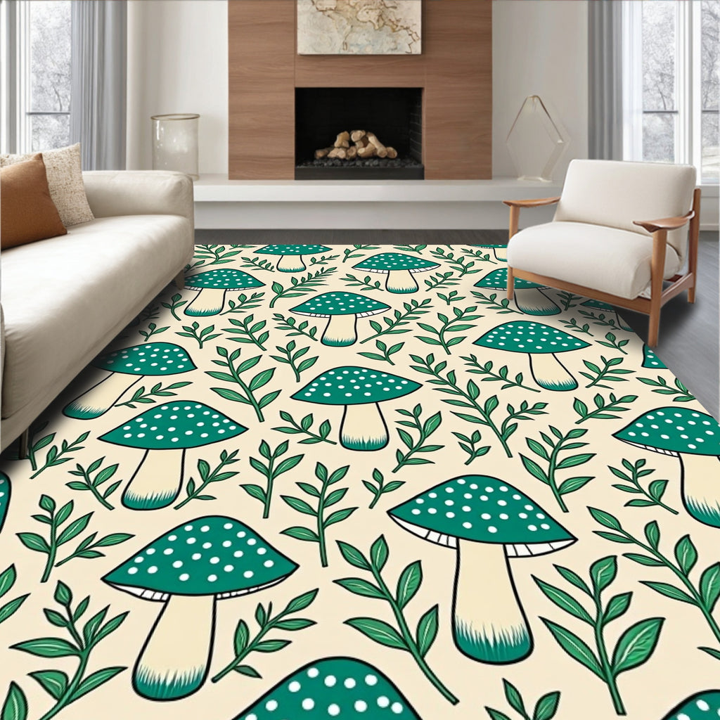 Teal Mushroom Leafy Woods Background Rug