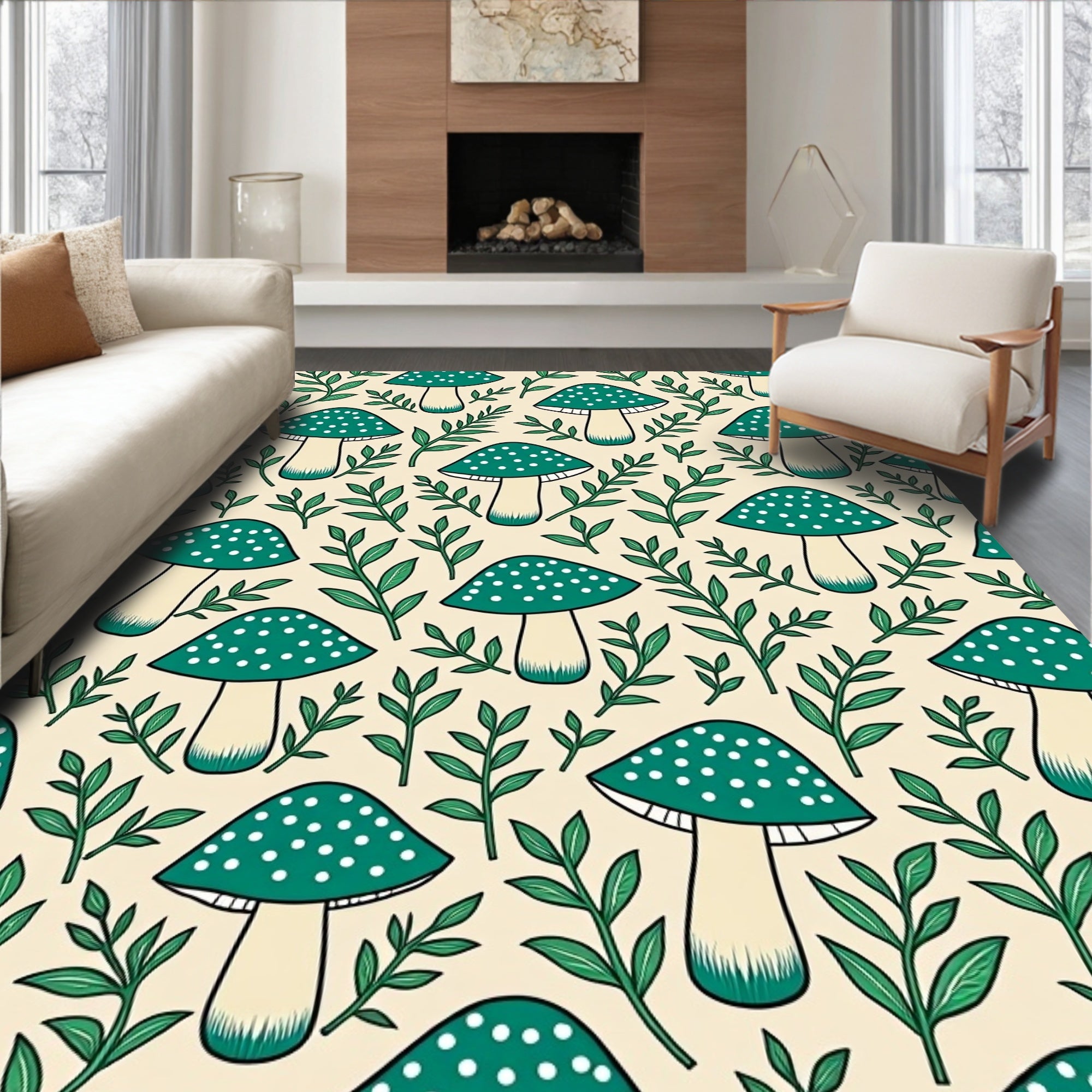 Teal Mushroom Leafy Woods Background Rug