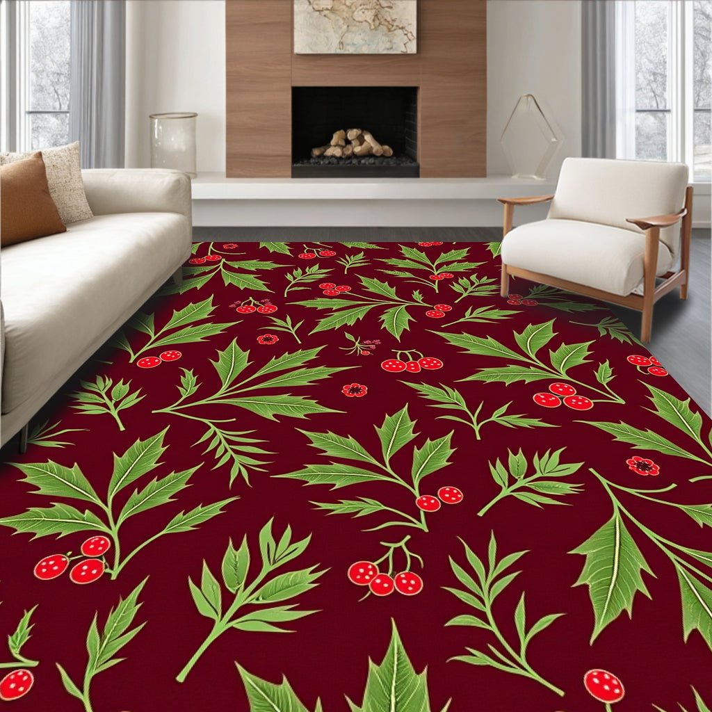 Rich Crimson Holly Berry Foliage Rug