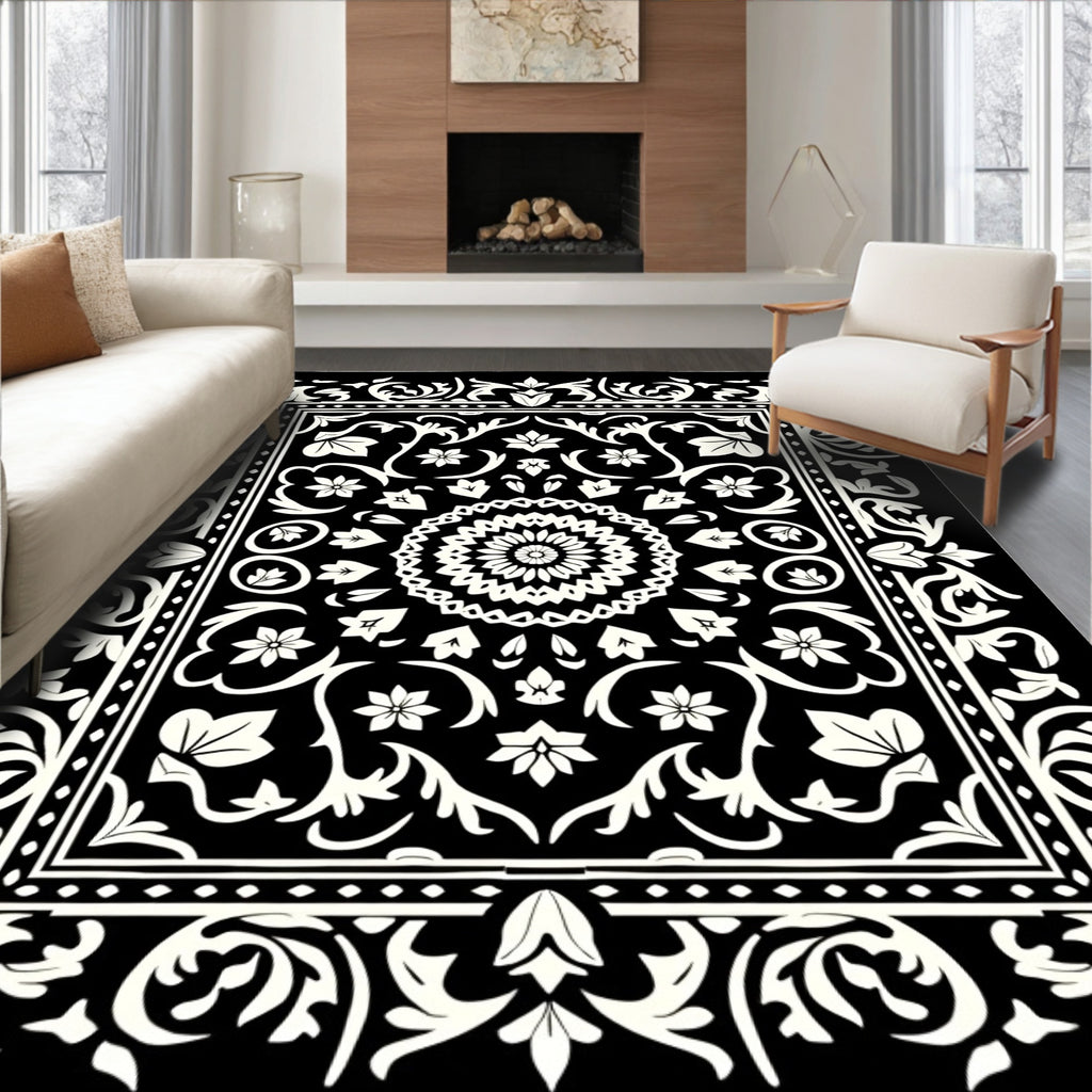 Bold Black White Floral Arrangement Rug
