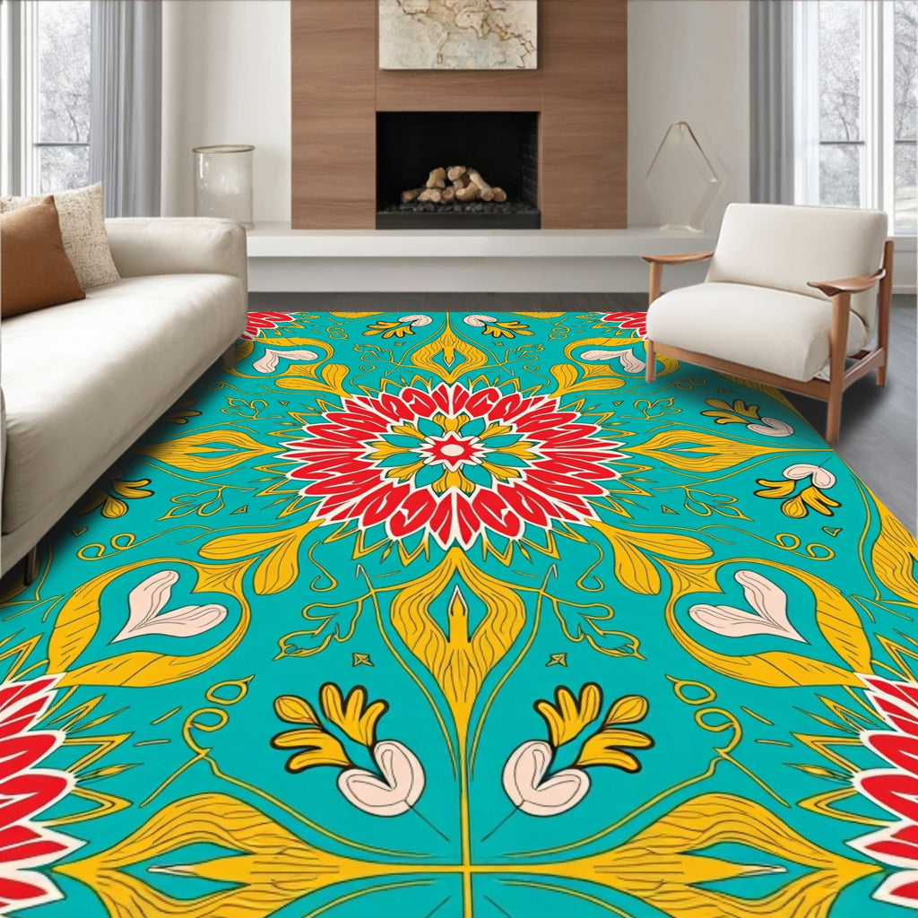 Turquoise Red Floral Medallion Harmony Rug