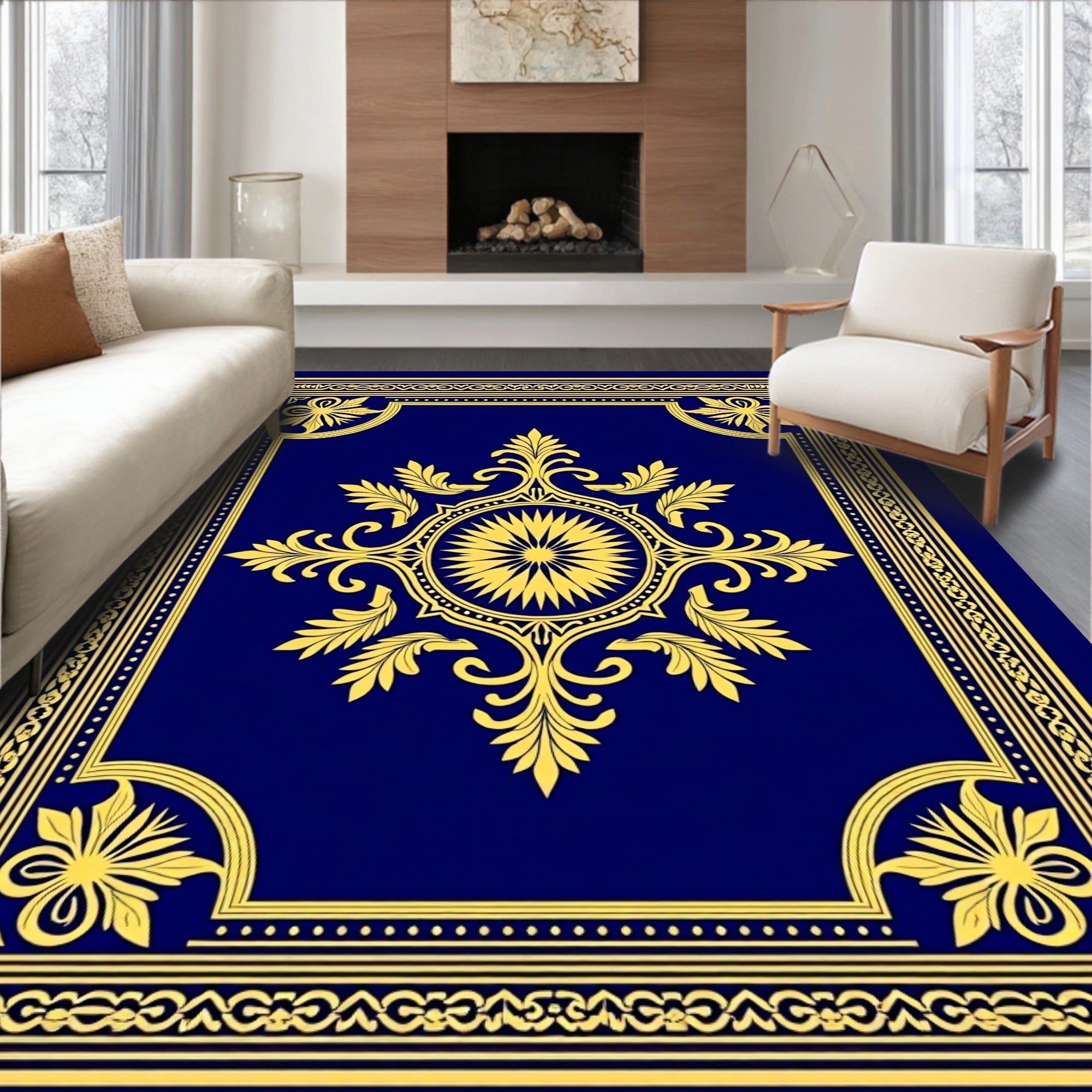 Golden Baroque Medallion Navy Rug