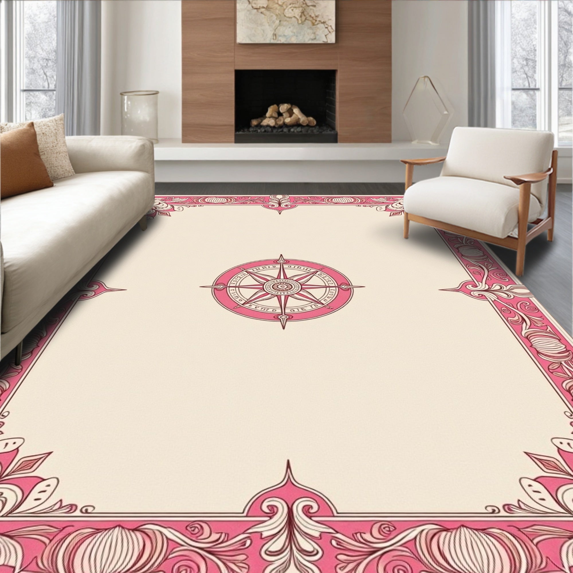 Pink Floral Compass Border Rug