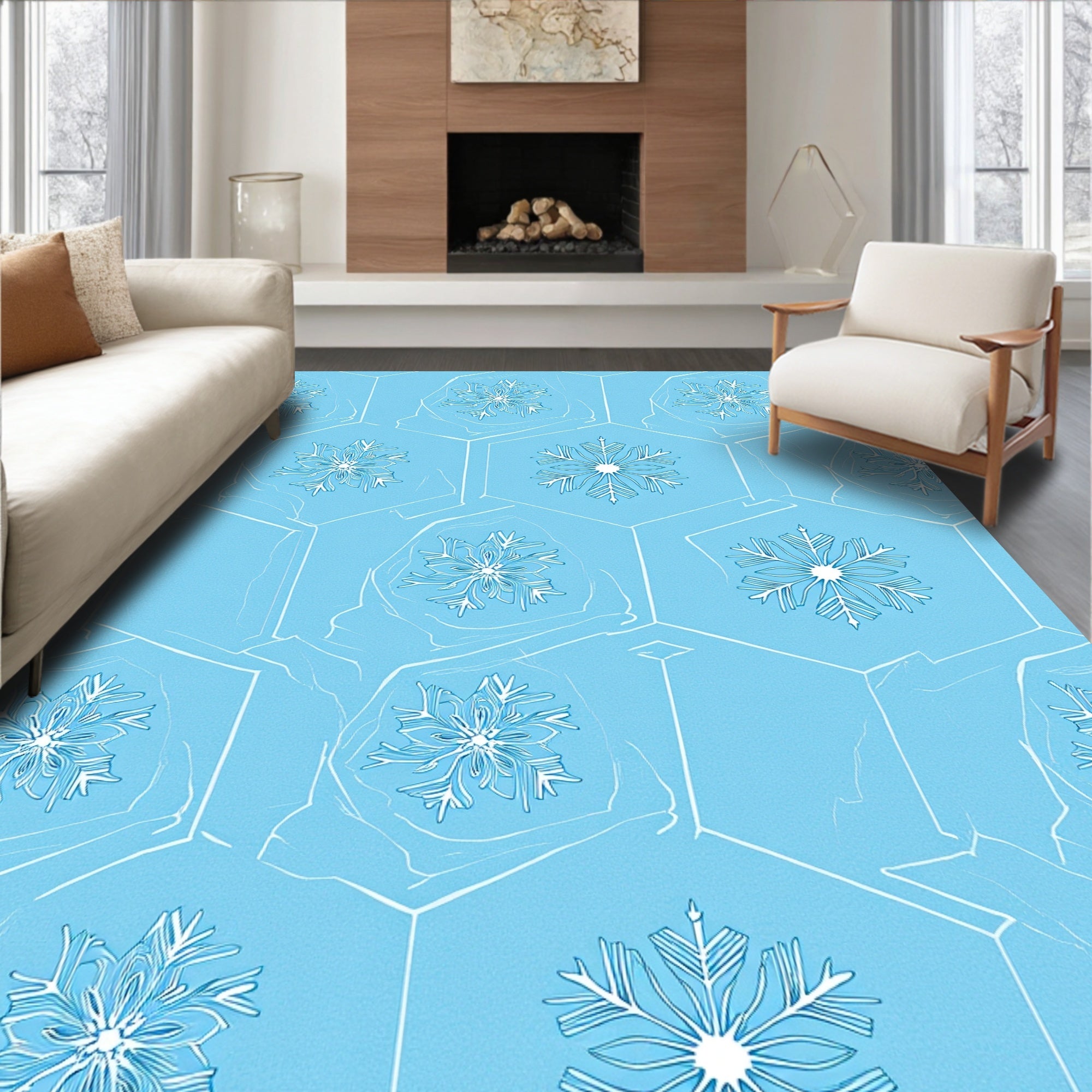 Cool Blue Snowflake Hexagon Art Rug
