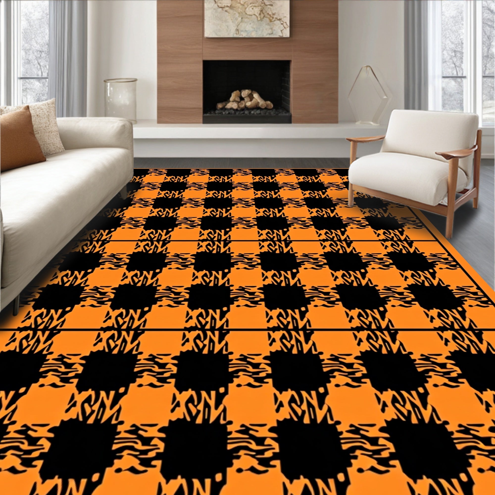 Vibrant Orange Black Gingham Check Rug