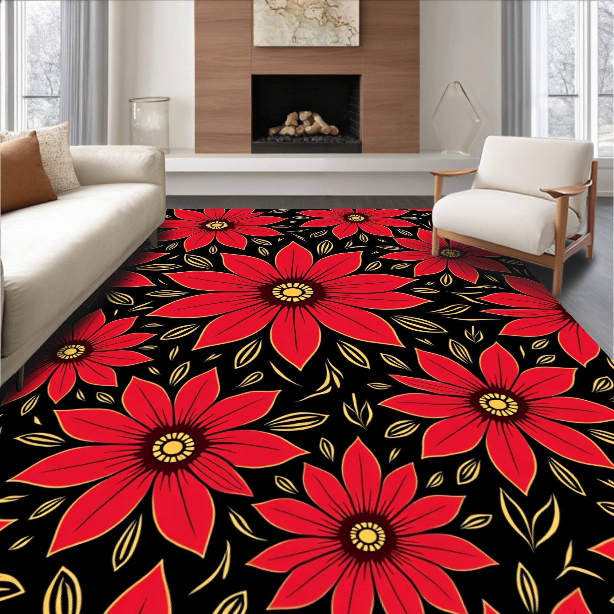 Bold Red Floral Arrangement Rug