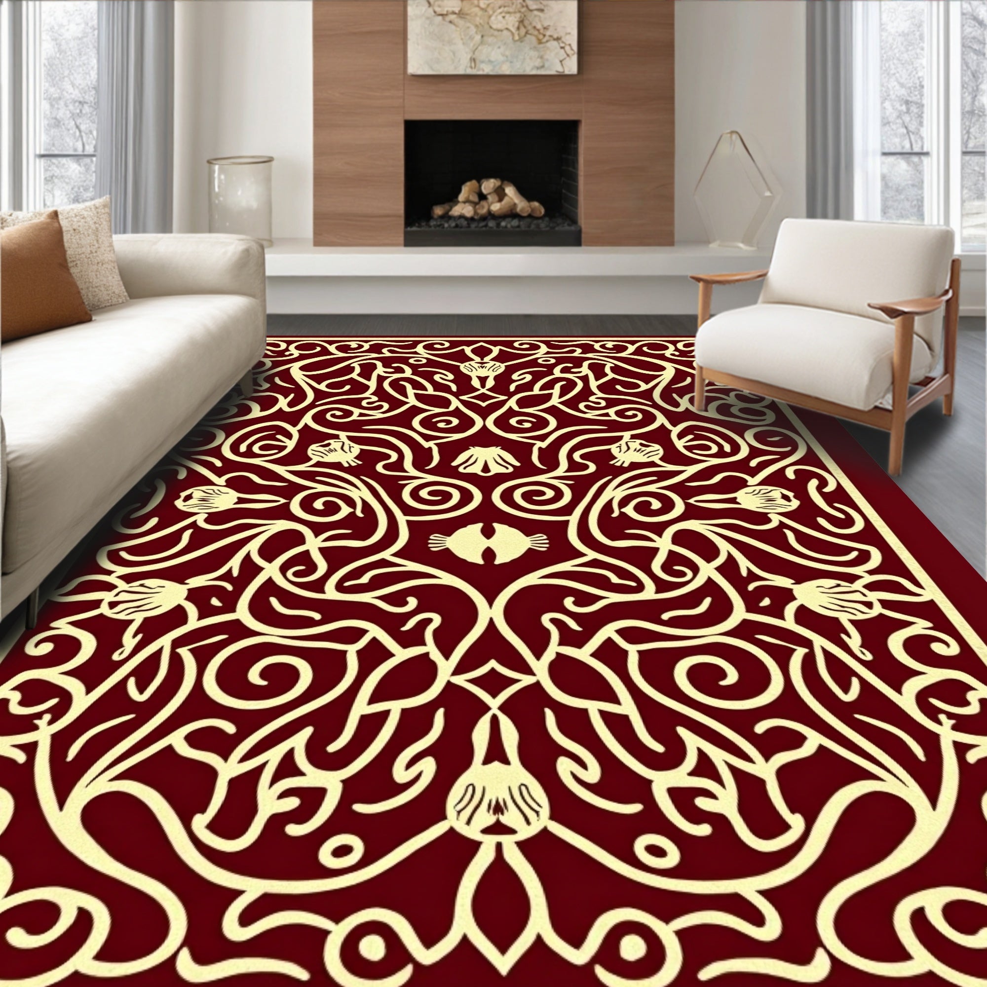 Crimson Gold Floral Vine Symmetry Rug