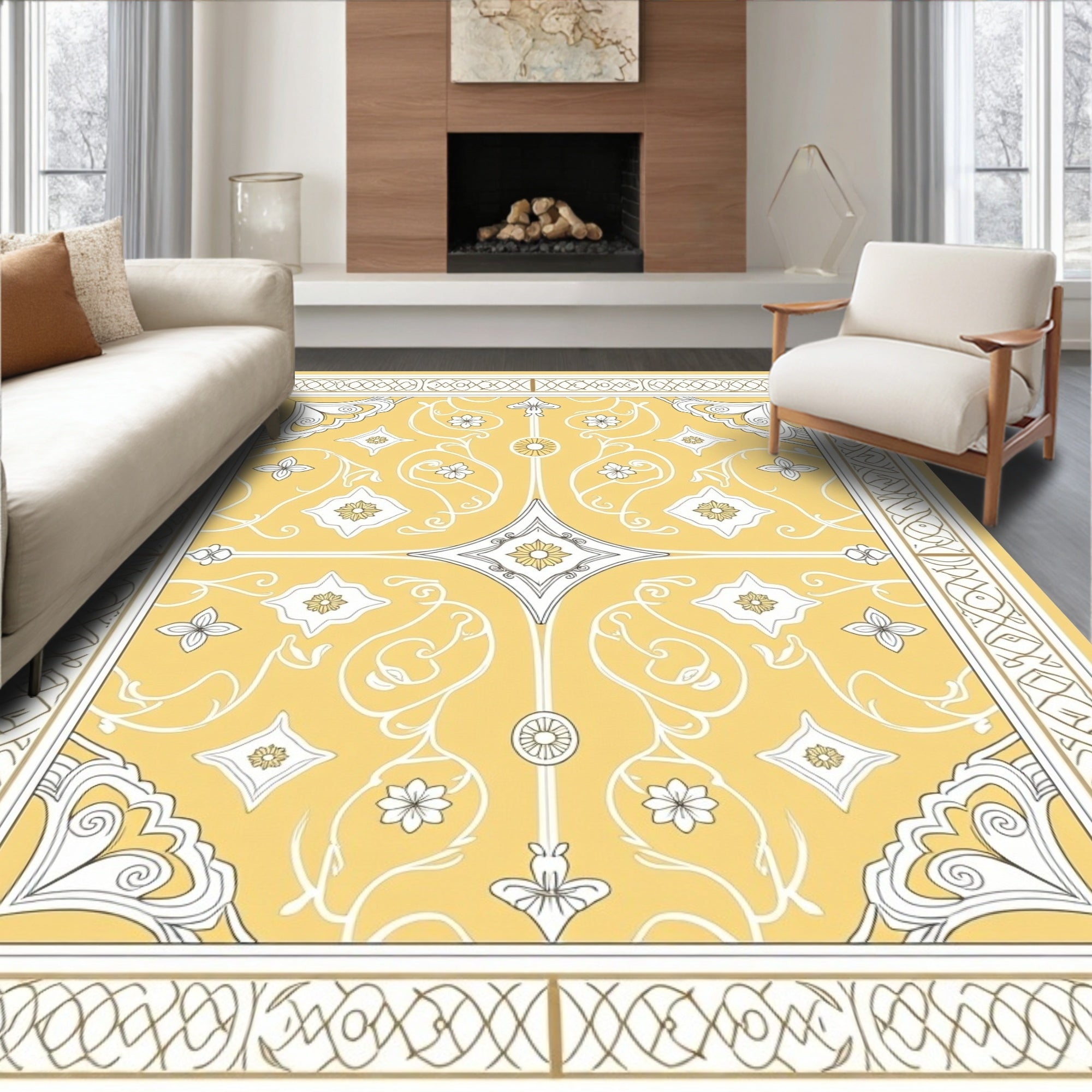 Elegant Yellow Floral Medallion Border Rug