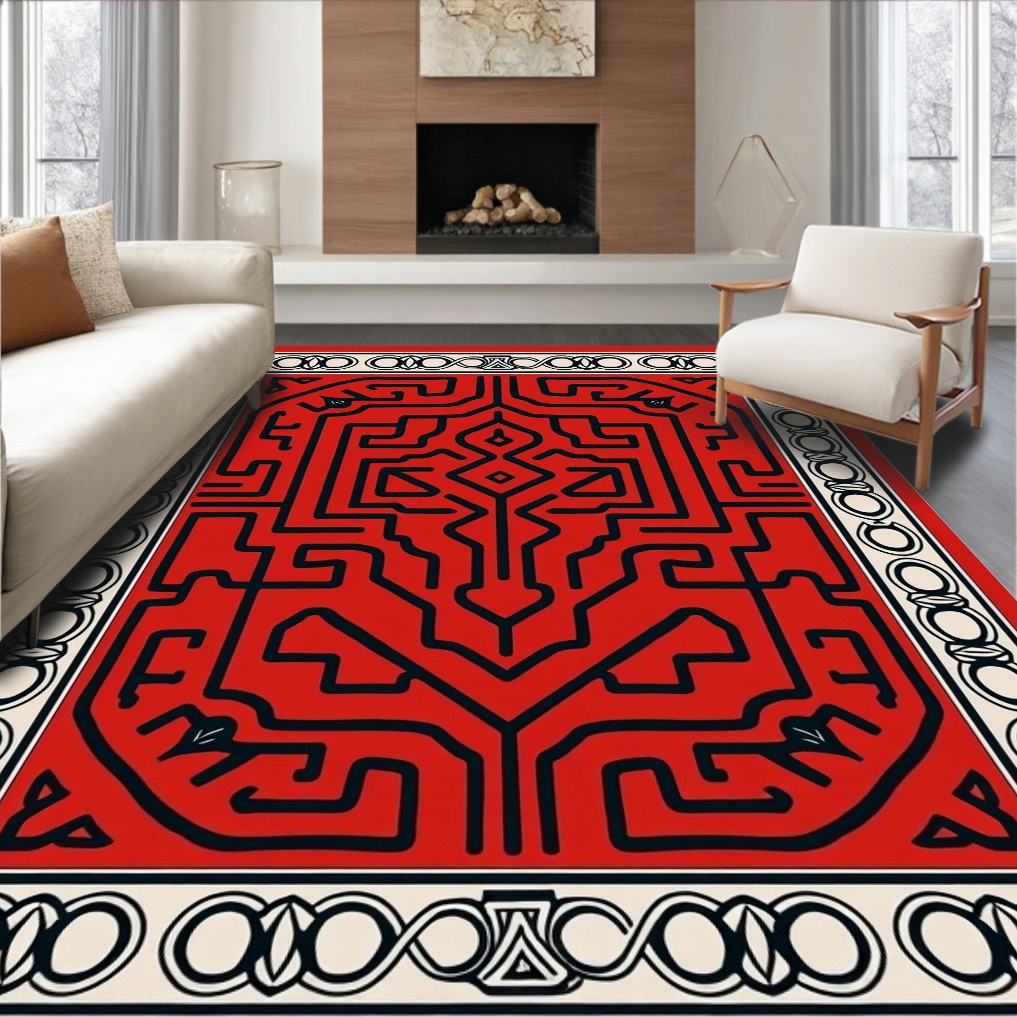 Bold Red Geometric Labyrinth Icon Rug
