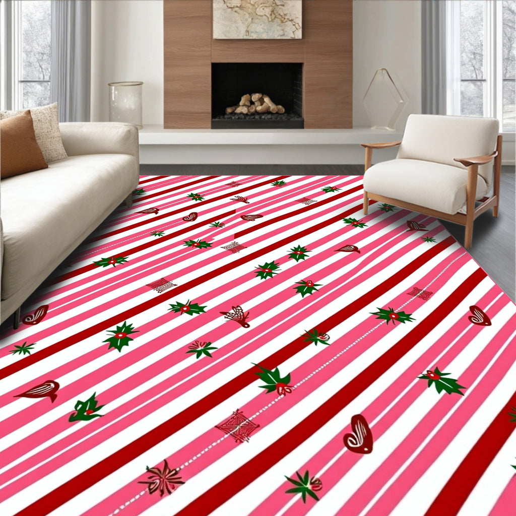 Pink White Red Striped Holly Medallion Rug