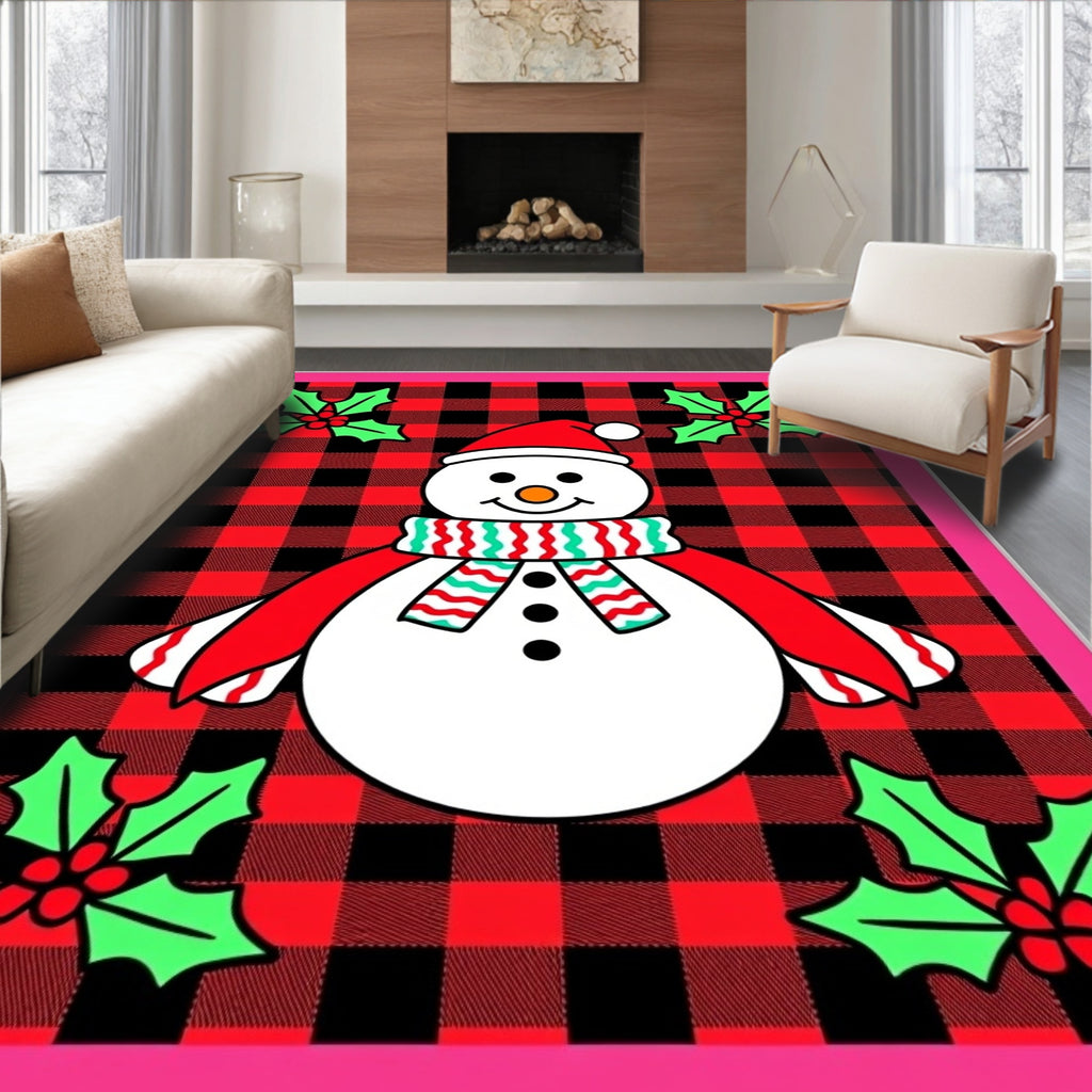 Cozy Red Buffalo Check Snowman Holly Rug