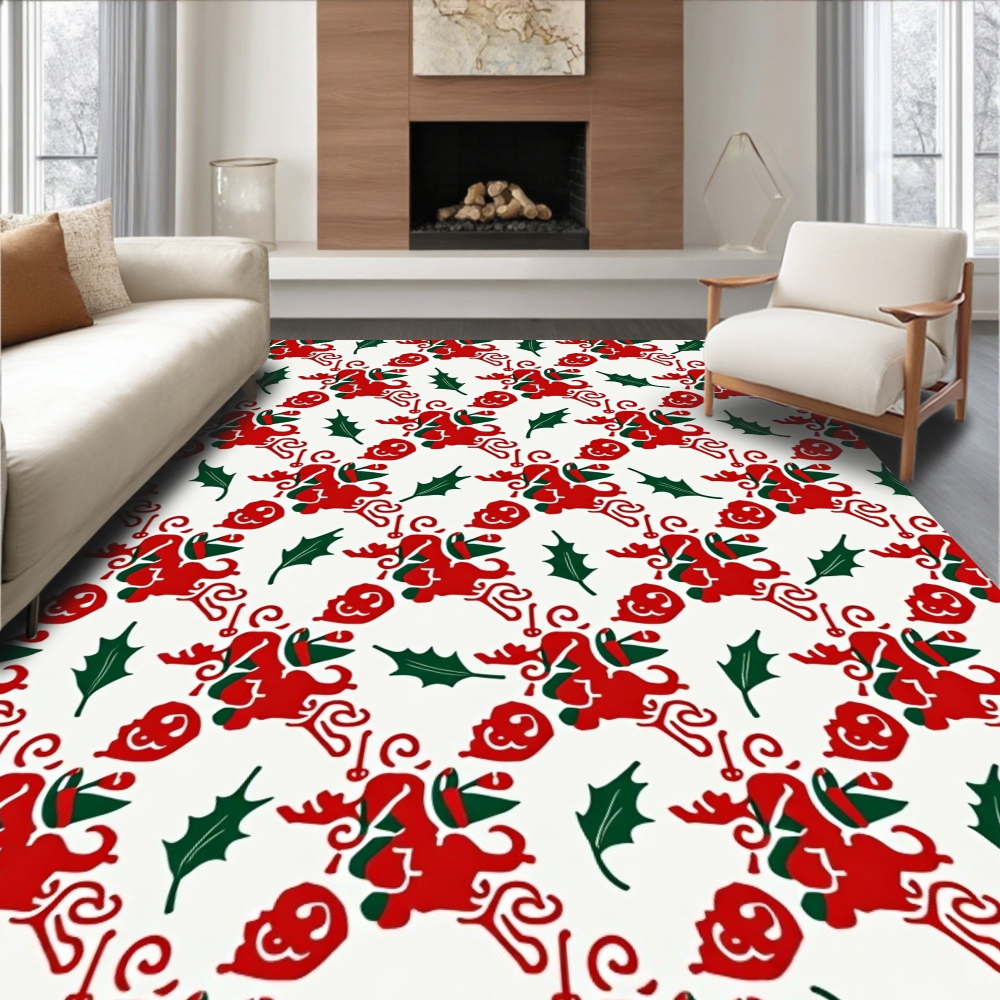 Festive Red Green Reindeer Holly Rug