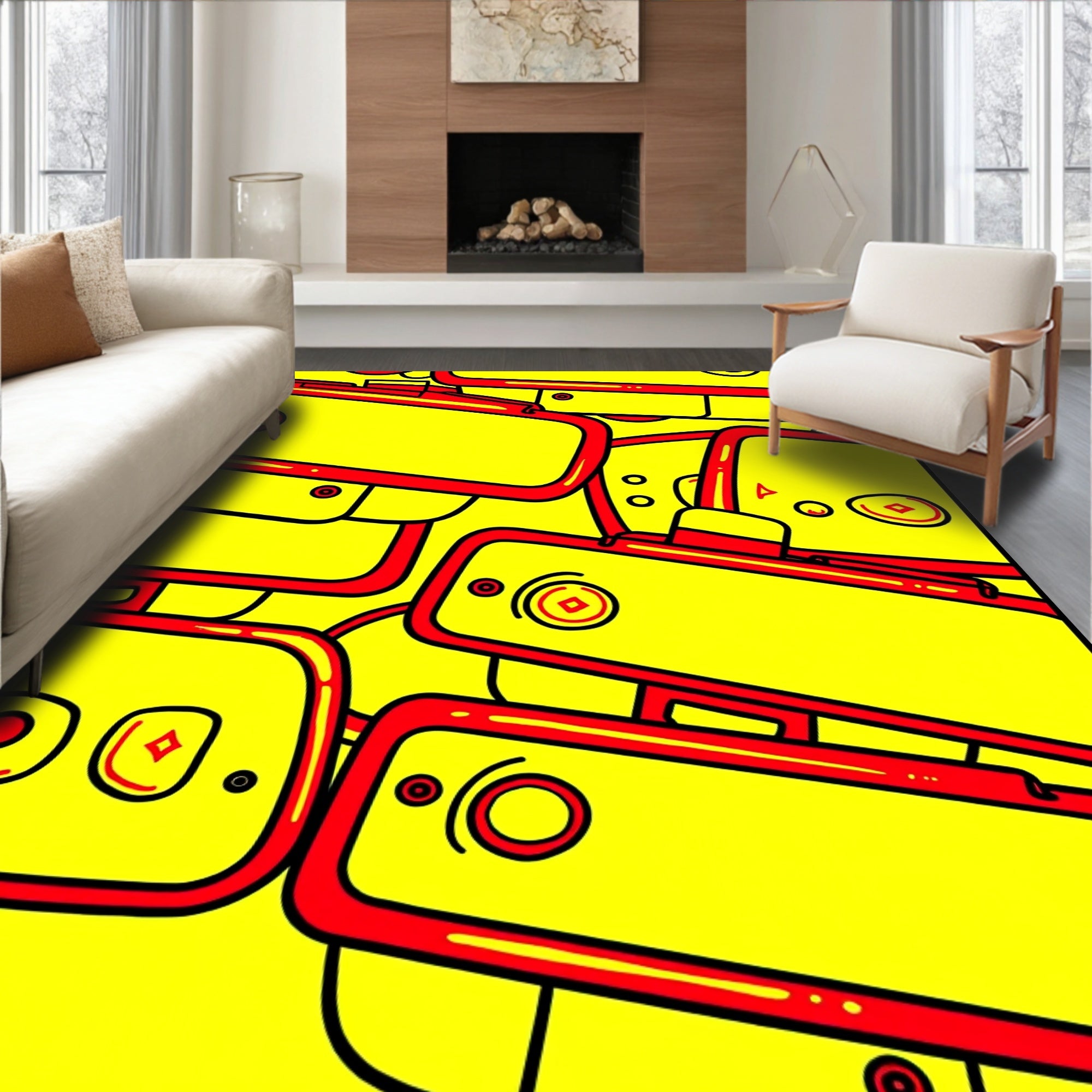 Retro Yellow Red Geometric Suitcase Pile Rug