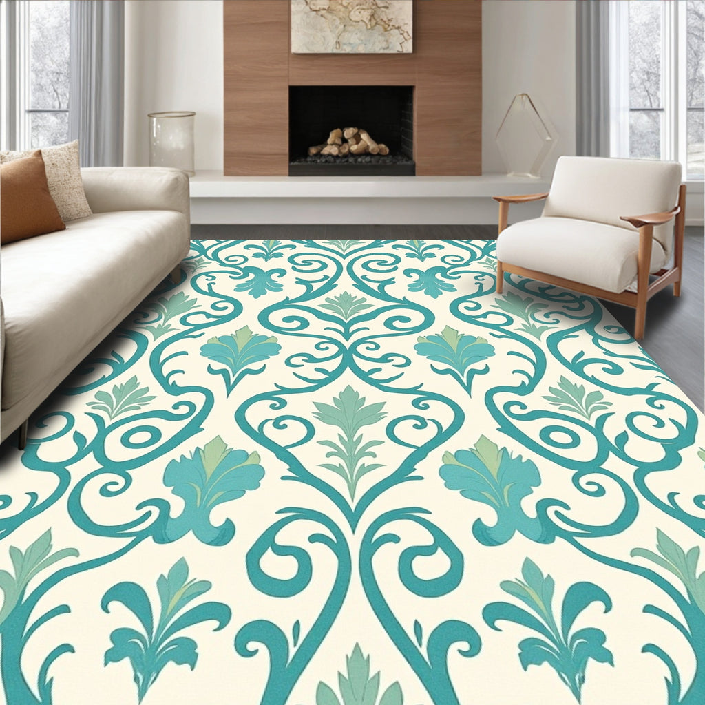 Teal Aqua Floral Damask Swirls Rug