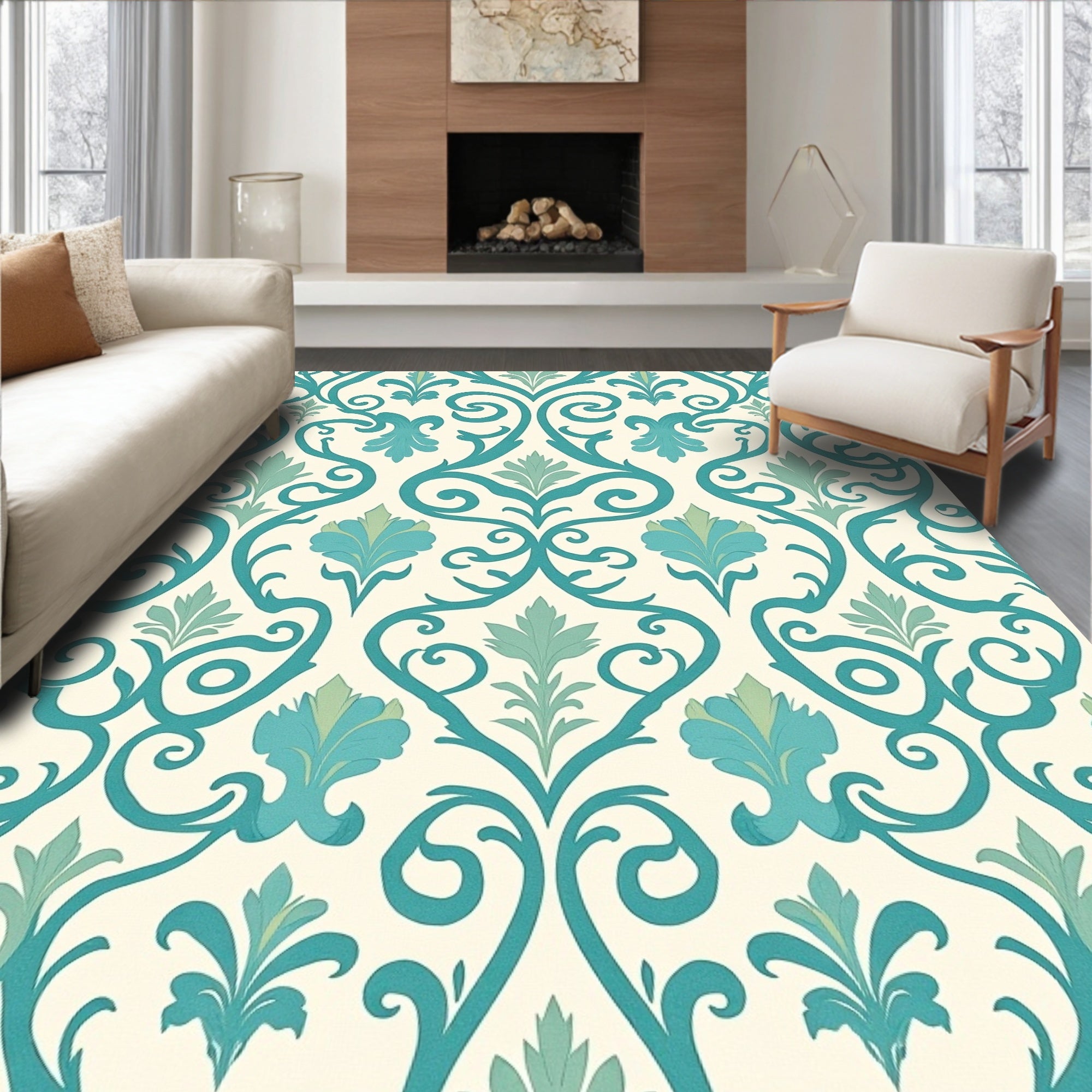 Teal Aqua Floral Damask Swirls Rug