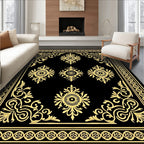 Black Gold Floral Filigree Border Rug