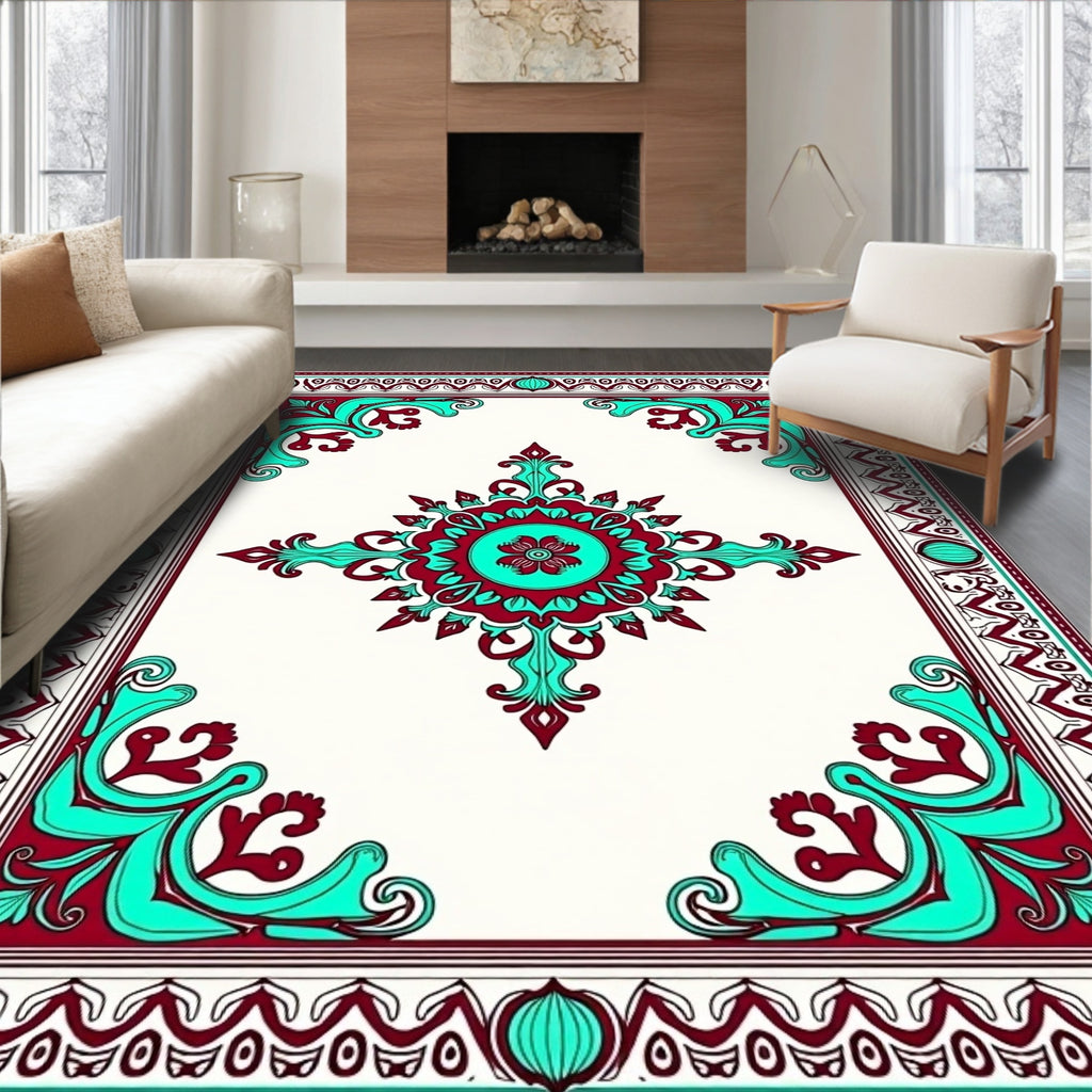 Crimson Teal Medieval Floral Frame Rug