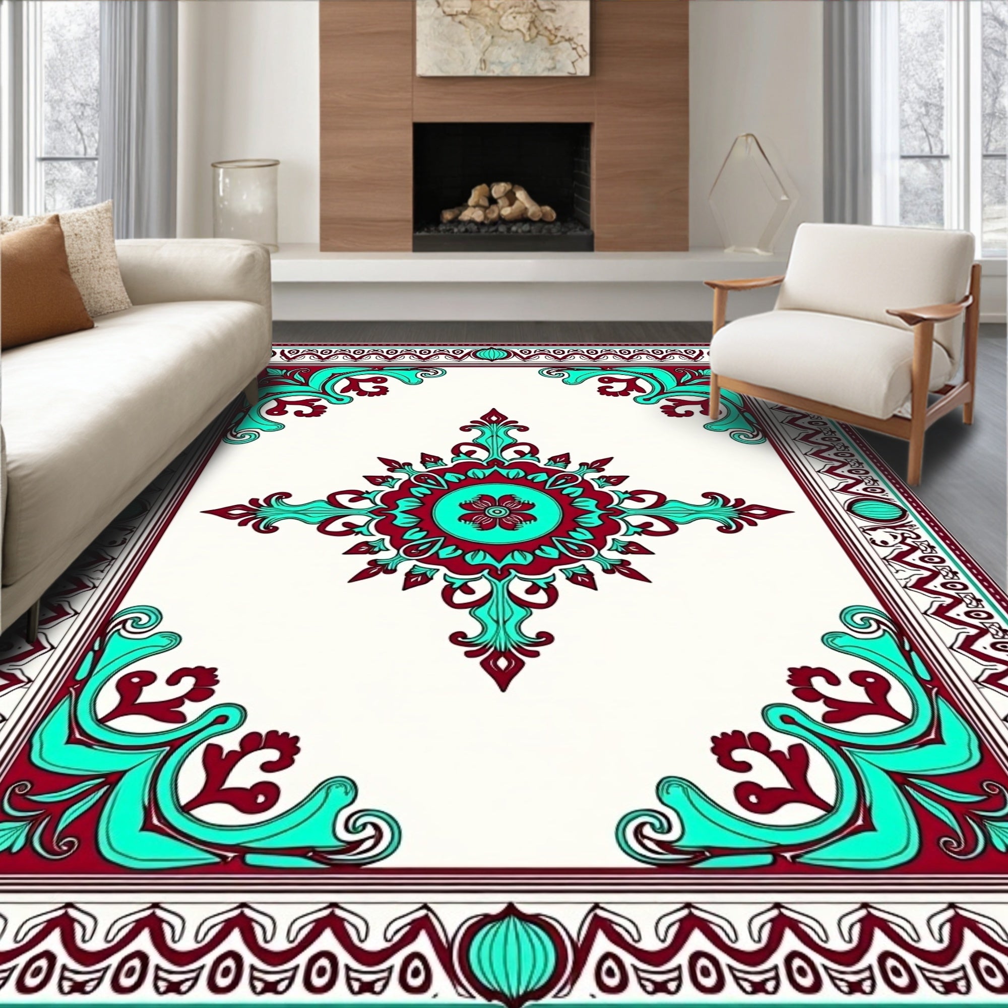 Crimson Teal Medieval Floral Frame Rug