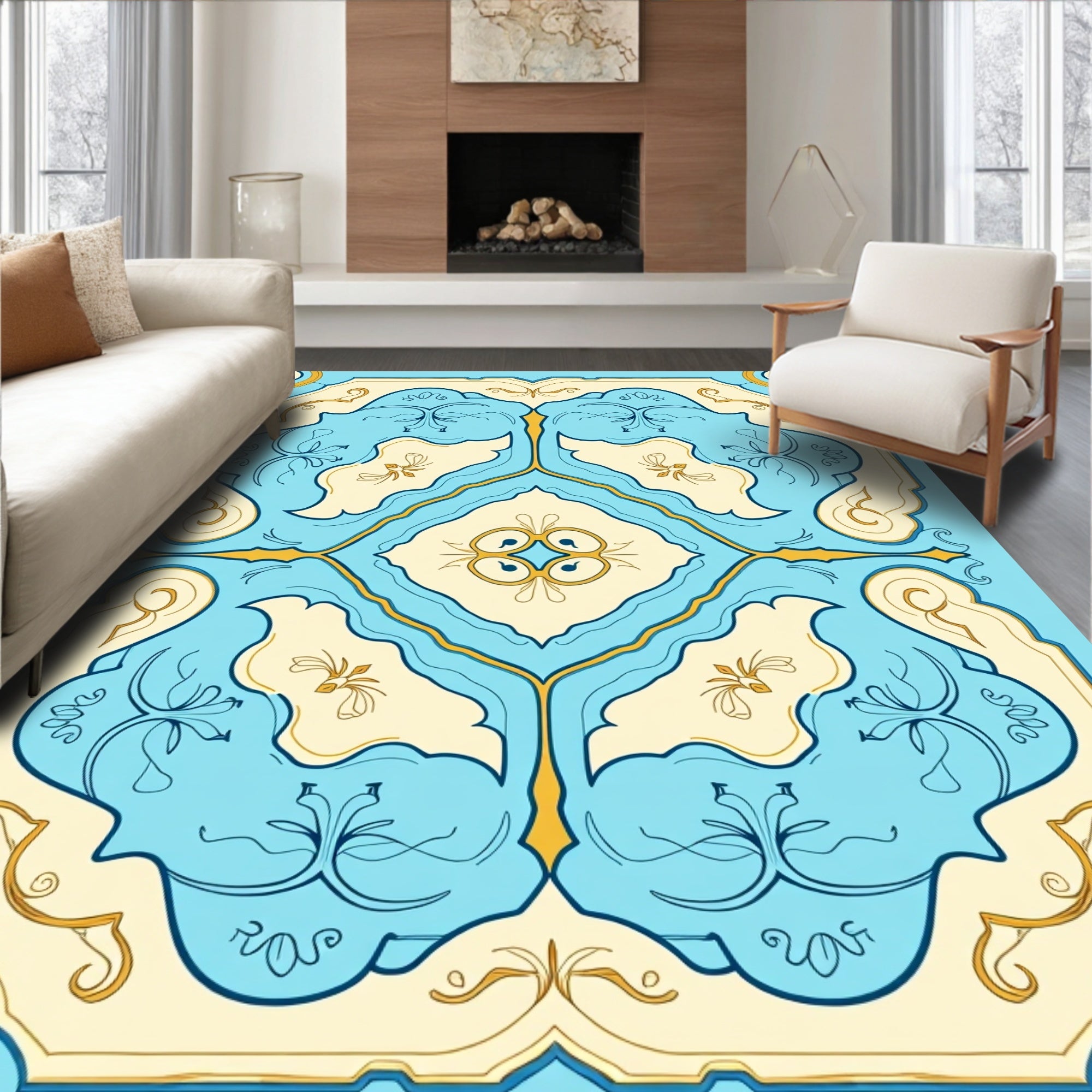 Azure Cream Floral Medallion Rug